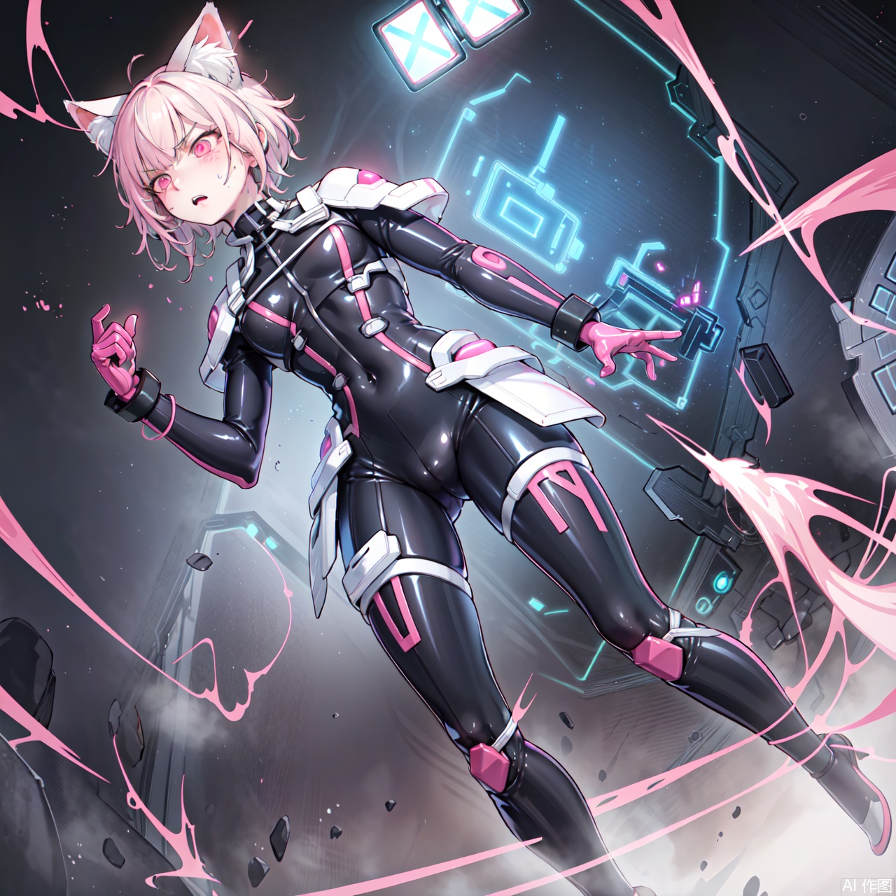  (RAW photo: 1.2), pink latex jumpsuit, hollow, Holt collar, latex shiny, tight, sweat, white liquid, pink body, wearing Kudo Atsuko latex costume, wearing tight suit, smooth pink white skin, cat suit, wearing latex, shiny plastic, shiny metallic luster skin, pink glowing color, latex costume, chrome-plated bodysuit, cyberpunk glossy latex suit, shiny, futuristic bright latex suit with open legs, M-shaped legs, angry expression, sullen and sullen, white liquid all over the body,Sky Striker