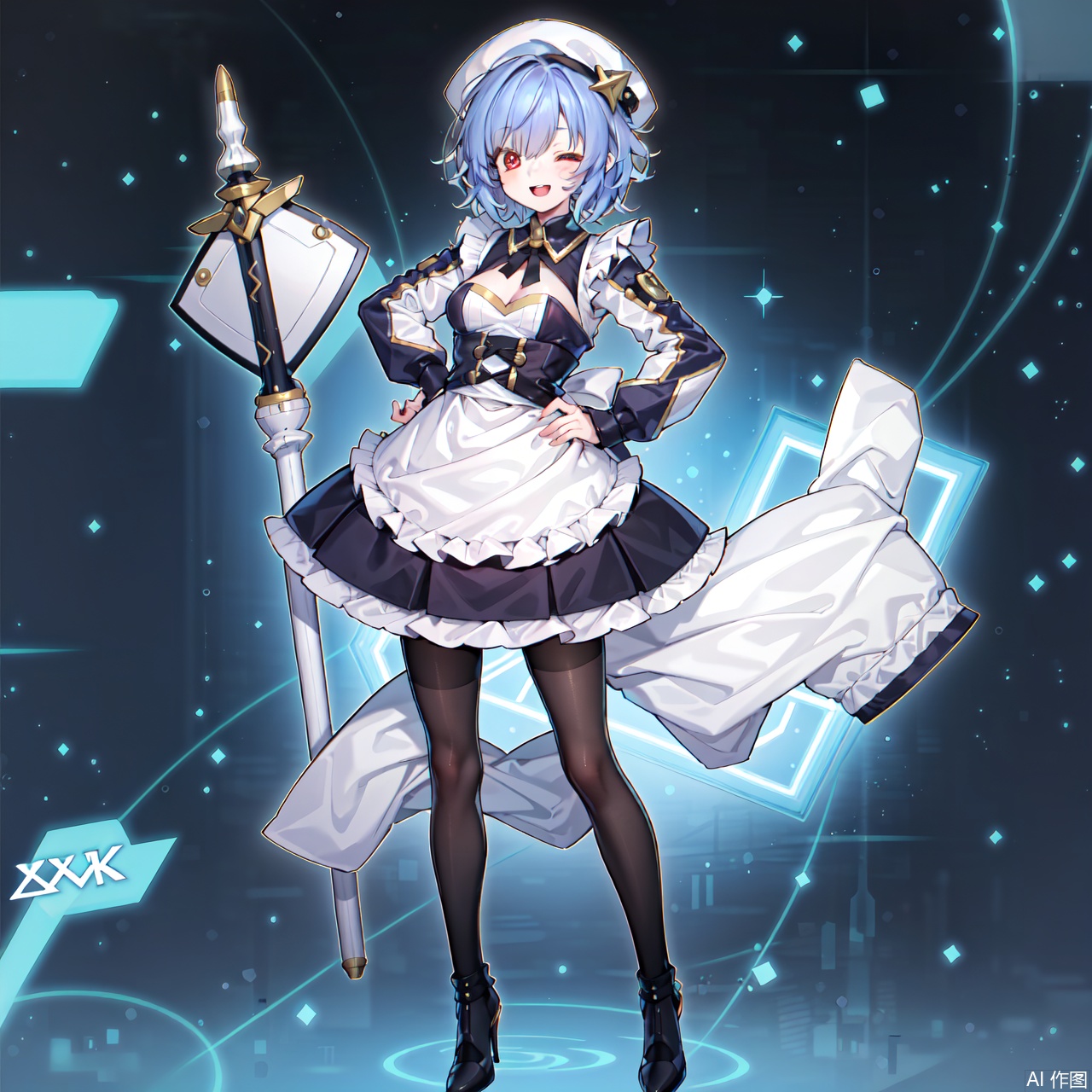 1girl, solo, breasts, looking at viewer, smile, short hair, open mouth, red eyes, long sleeves, hat, dress, holding, cleavage, medium breasts, blue hair, full body, pantyhose, one eye closed, apron, high heels, hand on hip, Sky Striker,mecha musume