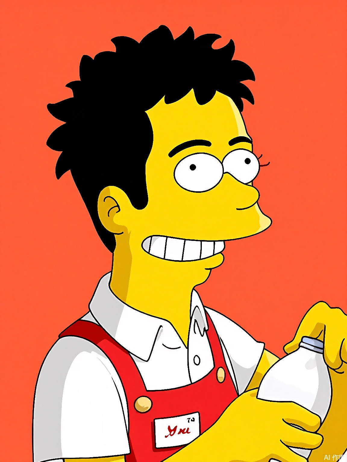 XPS,
A digital drawing of Apu Nahasapeemapetilon in side profile. Yellow skin, parted black hair, and a neat mustache. Wears a red-and-white convenience store uniform with a nametag. Holds a soda can and smiles politely. Background: Coral orange. Signed "Matt Groening" in the bottom right corner.
