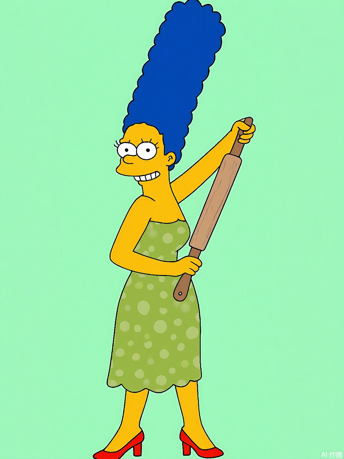 XPS,
 A digital drawing of Marge Simpson in side profile. Her yellow skin contrasts with a tall blue beehive hairstyle. Wears a green polka-dot dress, a red apron, and yellow high heels. Holds a rolling pin with a slight smile. Background: Mint green. Signed "Matt Groening" in the bottom right corner.
