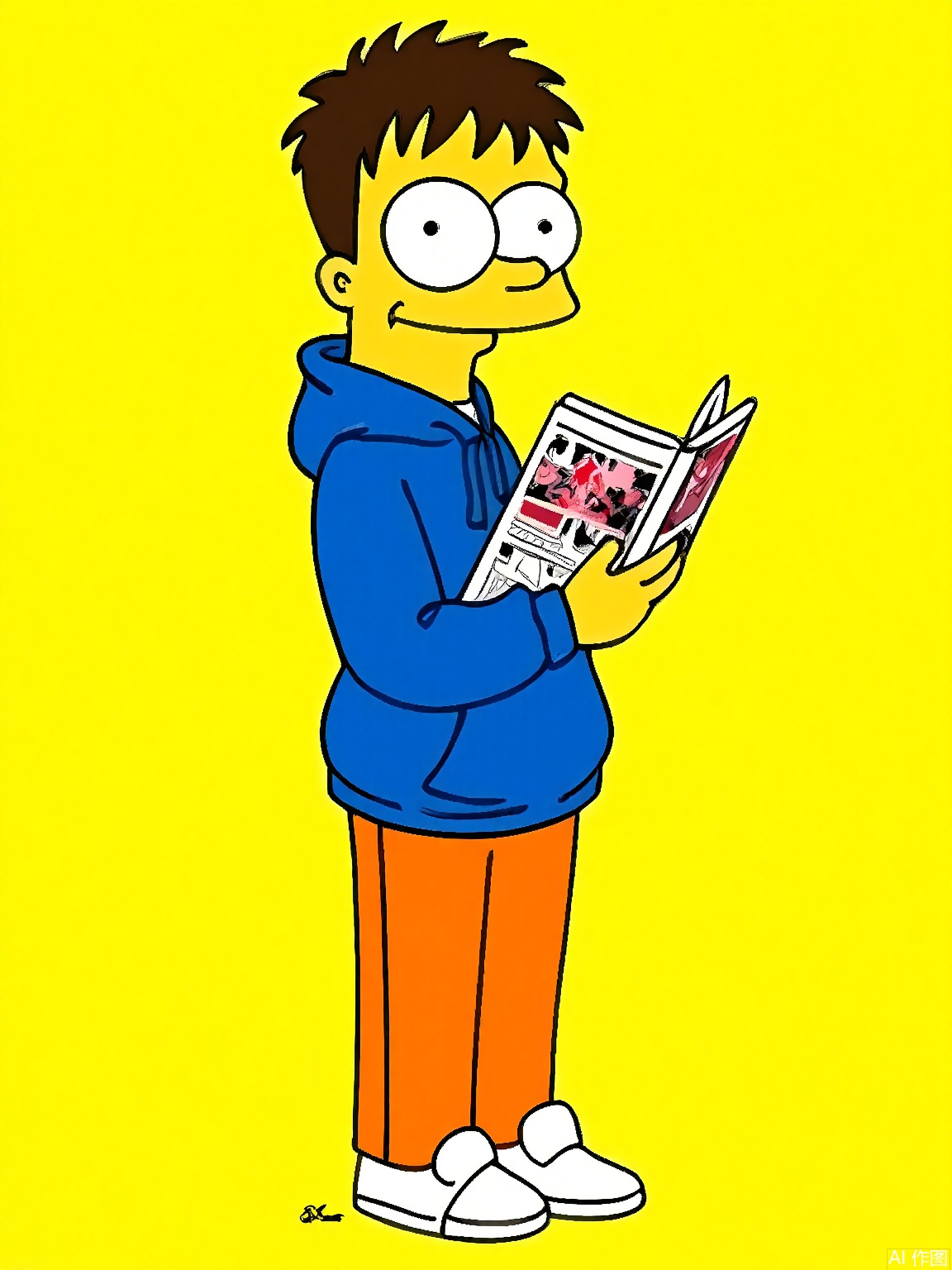 XPS,
 A digital drawing of Milhouse Van Houten in side profile. Yellow skin, messy hair, and large glasses. Wears a blue hoodie, orange pants, and white sneakers. Holds a comic book with a drooling expression. Background: Lemon yellow. Signed "Matt Groening" in the bottom right corner.
