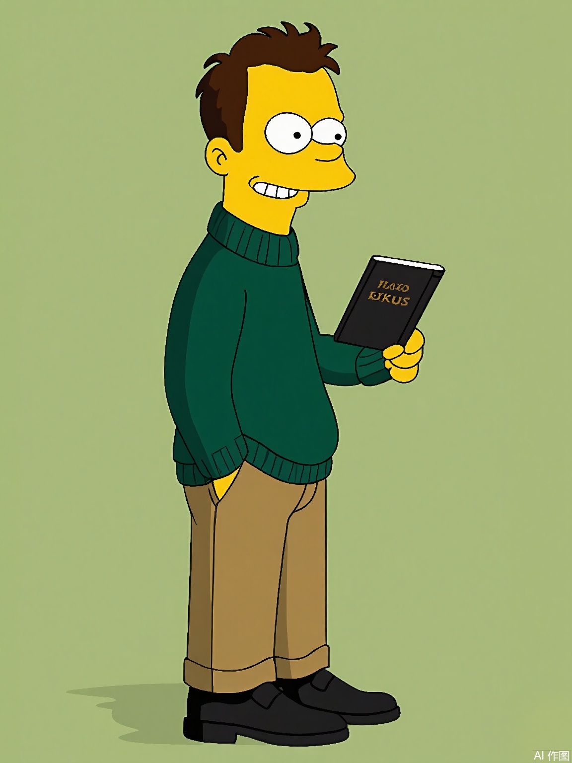 XPS,
A digital drawing of Ned Flanders in side profile. Yellow skin, neat brown hair, and a mustache. Wears a green sweater, khaki pants, and black loafers. Holds a Bible and smiles warmly. Background: Sage green. Signed "Matt Groening" in the bottom right corner.
