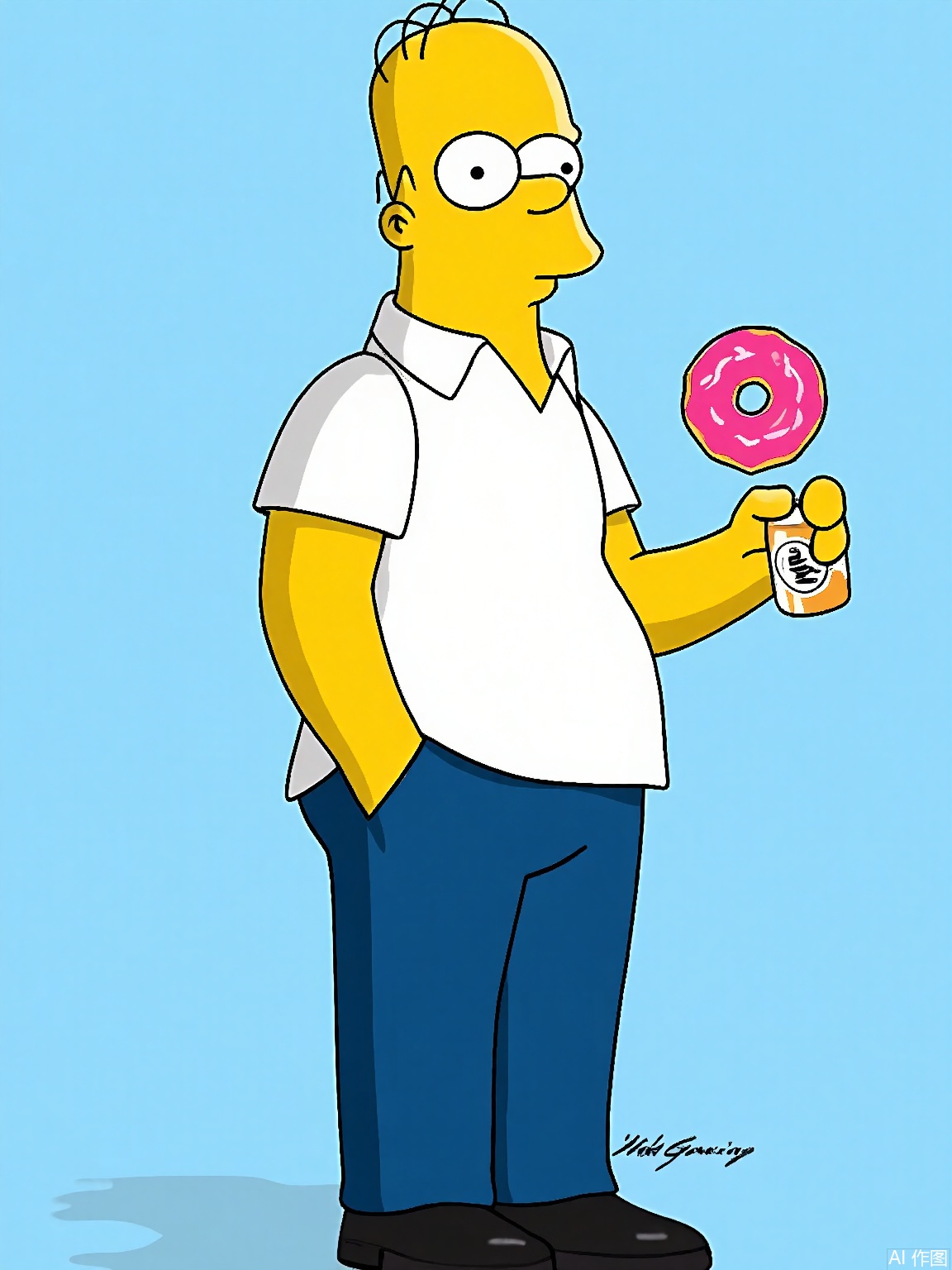 XPS,
A digital drawing of Homer Simpson in side profile. He has yellow skin, a square head with three spiky hair tufts, and a neutral expression. Wears a white collared shirt (untucked), blue pants, and black dress shoes. Holds a pink frosted donut in one hand and a "Duff Beer" can in the other. Background: Light blue. Signed "Matt Groening" in the bottom right corner.
