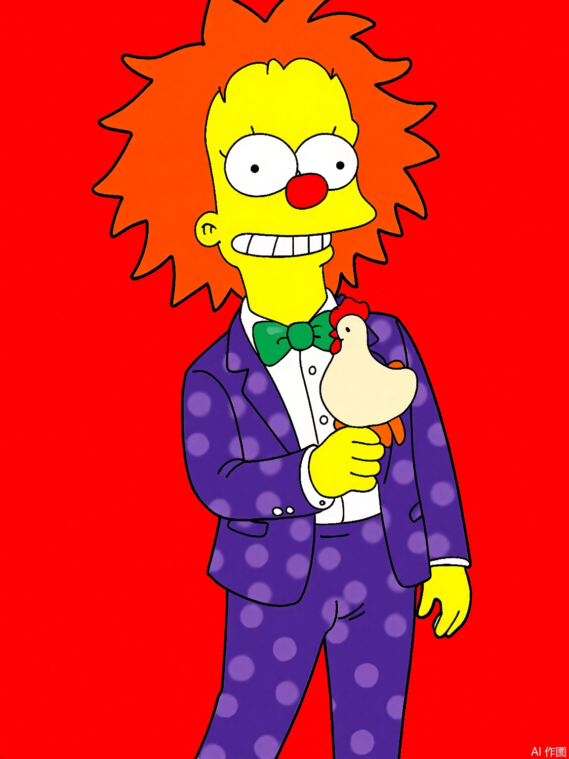 XPS,
A digital drawing of Krusty the Clown in side profile. Yellow skin, wild red hair, and a red nose. Wears a purple polka-dot suit, a green bowtie, and red-and-white clown shoes. Holds a rubber chicken prop with a toothy grin. Background: Bright red. Signed "Matt Groening" in the bottom right corner.
