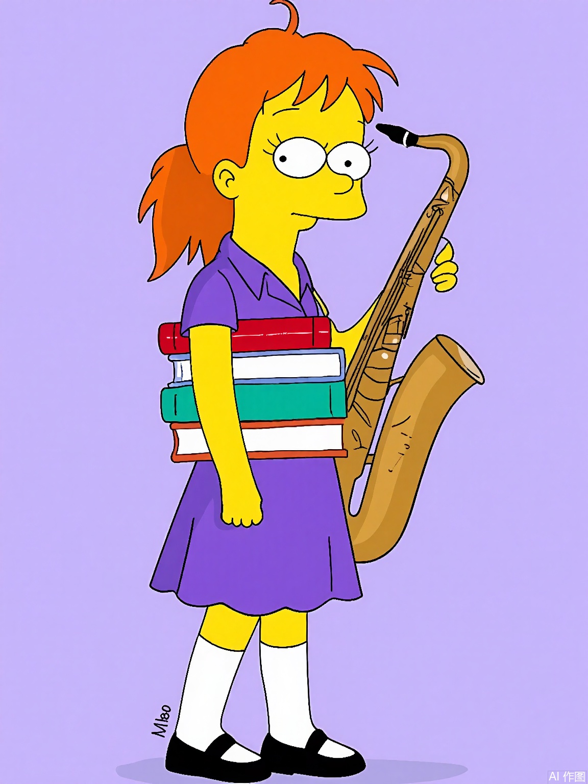 XPS,
A digital drawing of Lisa Simpson in side profile. Yellow skin, square head, and a single spiky hair tuft. Wears a purple collared dress, white knee-high socks, and black Mary Janes. Holds a stack of books and a saxophone. Background: Lavender. Signed "Matt Groening" in the bottom right corner.

