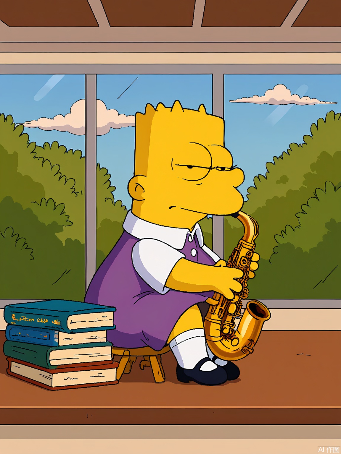 XPS, A digital drawing of Lisa Simpson in side profile. Yellow skin, square head, and a single spiky hair tuft. Wears a purple collared dress, white knee-high socks, and black Mary Janes. Holds a stack of books and a saxophone. Background: Lavender. Signed "Matt Groening" in the bottom right corner.
