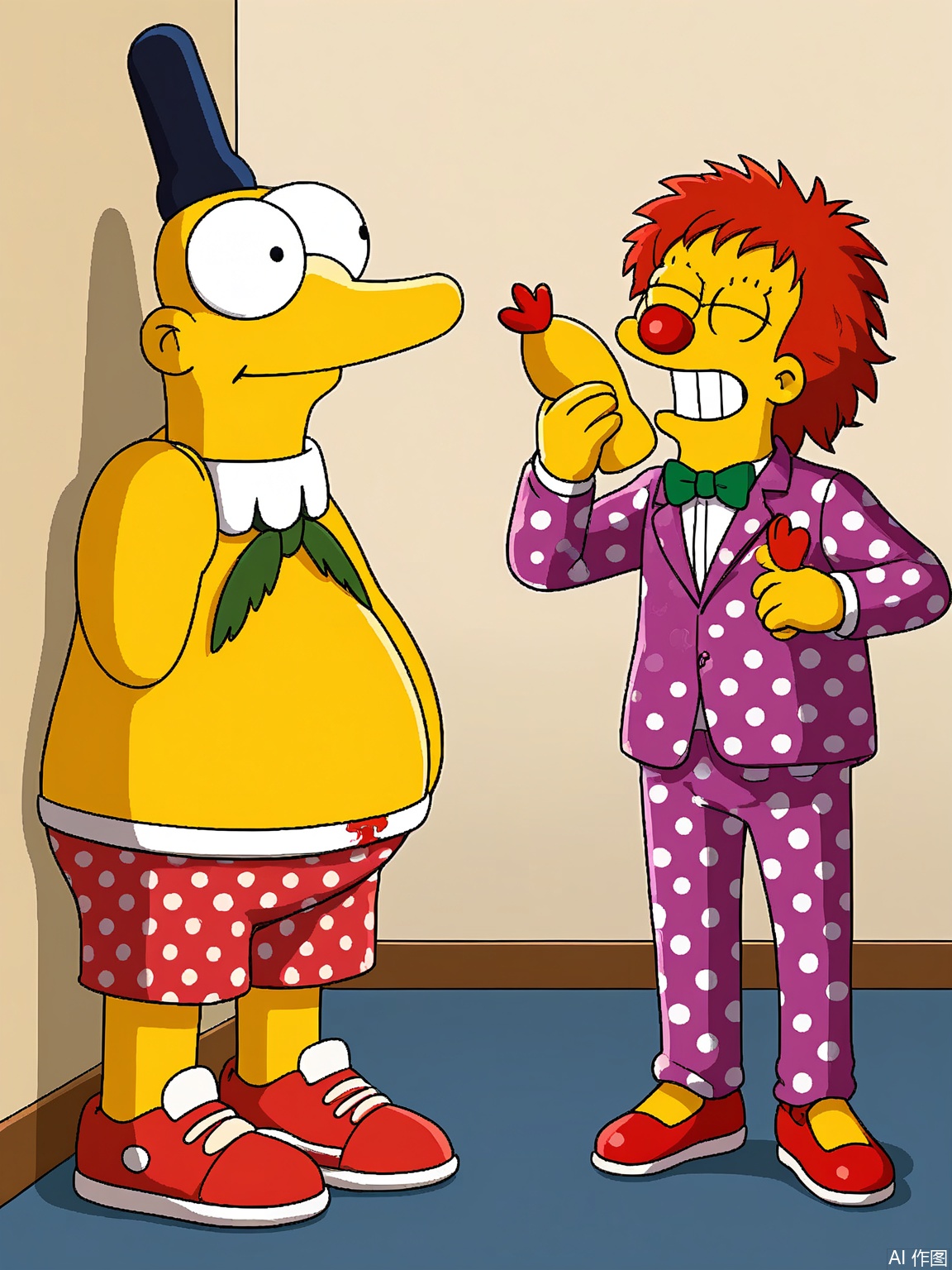 XPS, A digital drawing of Krusty the Clown in side profile. Yellow skin, wild red hair, and a red nose. Wears a purple polka-dot suit, a green bowtie, and red-and-white clown shoes. Holds a rubber chicken prop with a toothy grin. Background: Bright red. Signed "Matt Groening" in the bottom right corner.
