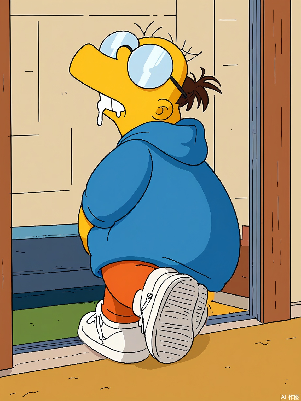 XPS, A digital drawing of Milhouse Van Houten in side profile. Yellow skin, messy hair, and large glasses. Wears a blue hoodie, orange pants, and white sneakers. Holds a comic book with a drooling expression. Background: Lemon yellow. Signed "Matt Groening" in the bottom right corner.
