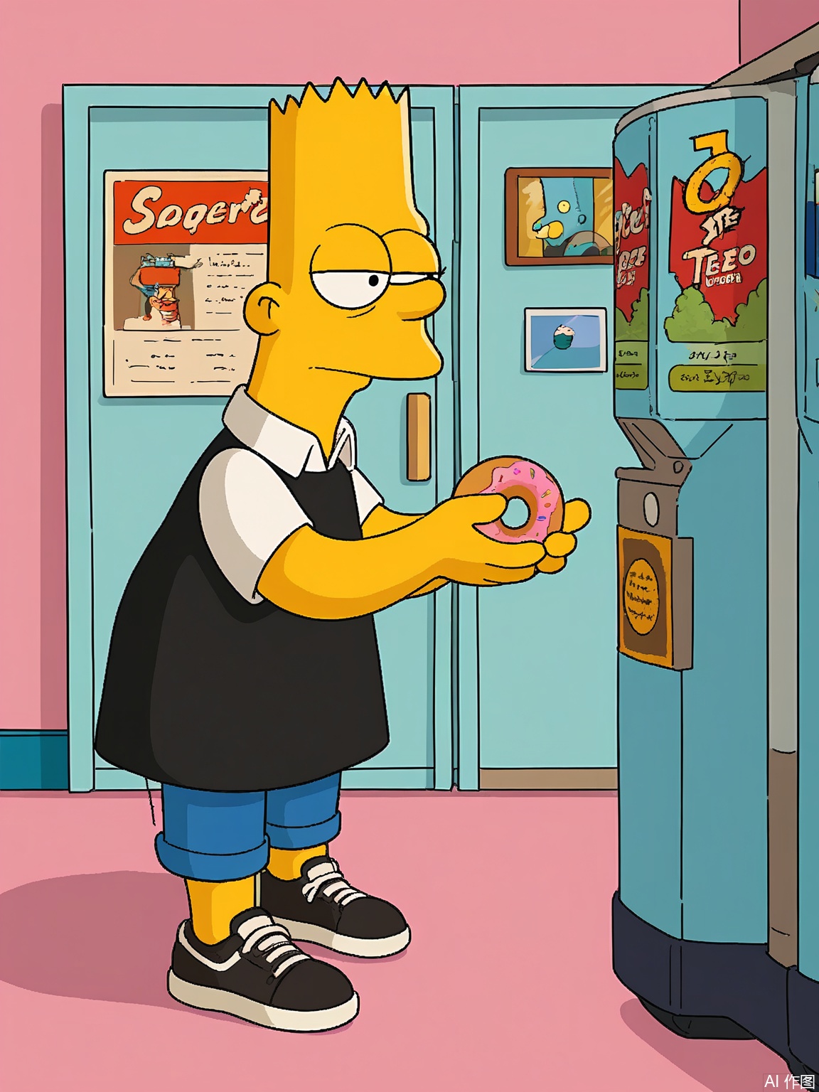 XPS, A digital drawing of Homer Simpson in side profile. He has yellow skin, a square head with three spiky hair tufts, and a neutral expression. Wears a white collared shirt (untucked), blue pants, and black dress shoes. Holds a pink frosted donut in one hand and a "Duff Beer" can in the other. Background: Light blue. Signed "Matt Groening" in the bottom right corner.
