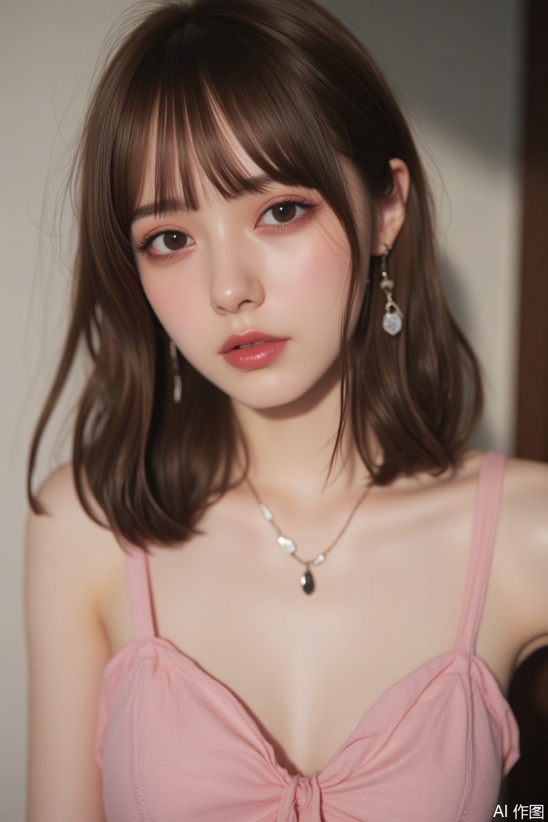 1girl, solo, breasts, looking at viewer, bangs, brown hair, dress, brown eyes, jewelry, upper body, necklace, lips, pink dress, realistic