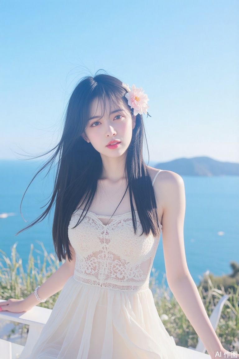 1girl, solo, long hair, looking at viewer, black hair, hair ornament, dress, flower, outdoors, sky, day, hair flower, water, white dress, lips, ocean, scenery, red lips