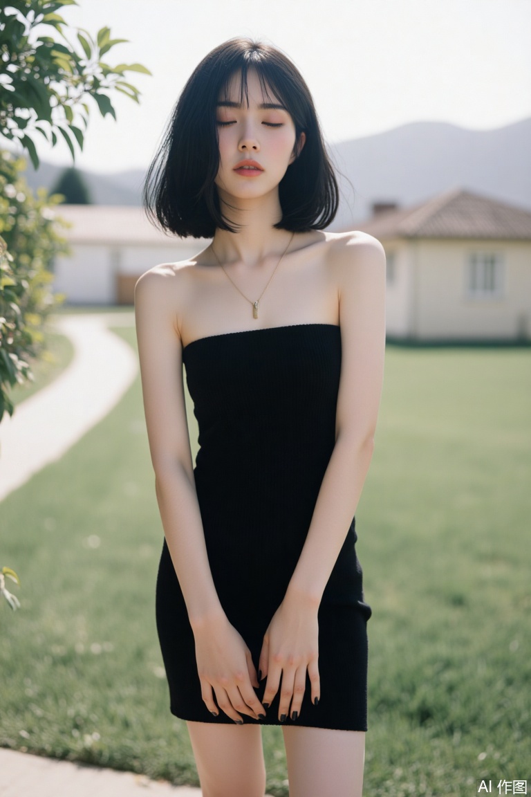 1girl, solo, black hair, dress, bare shoulders, standing, closed eyes, outdoors, black dress, strapless, black nails