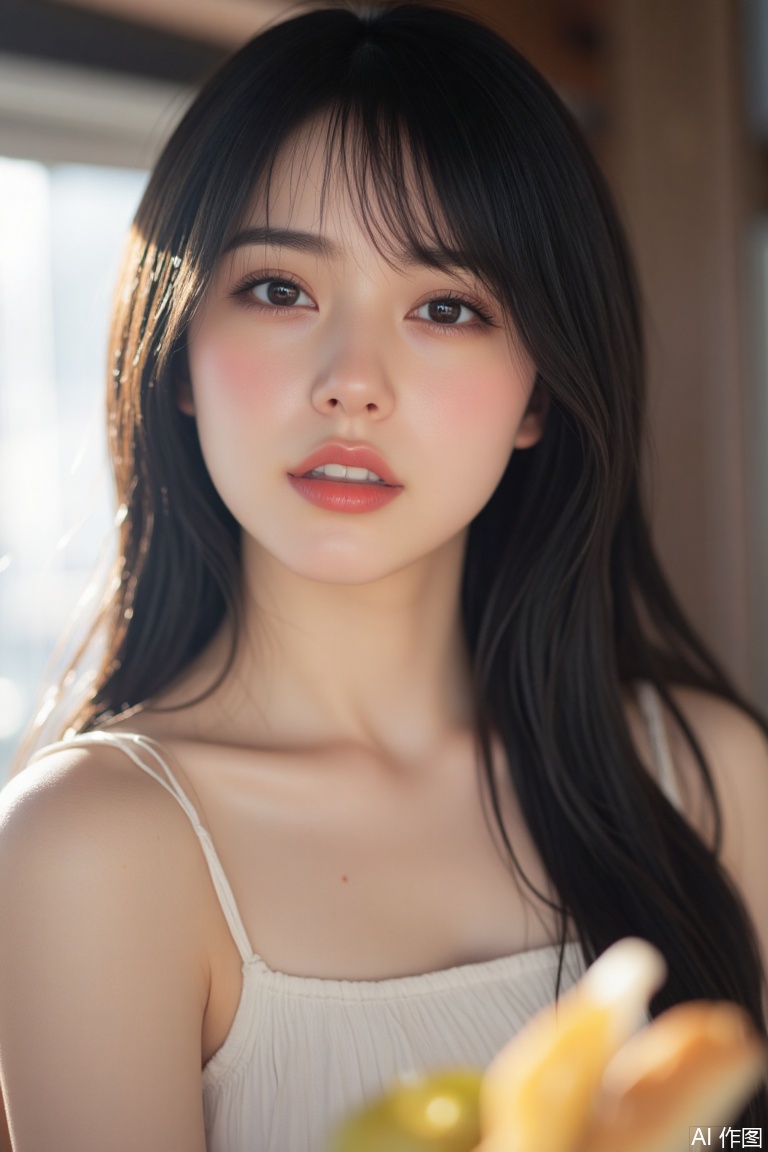 1girl, solo, long hair, breasts, looking at viewer, smile, black hair, bare shoulders, upper body, food, mole, blurry, black eyes, lips, fruit, realistic