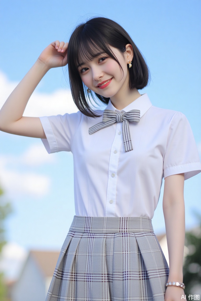 1girl, solo, looking at viewer, smile, short hair, bangs, skirt, shirt, black hair, bow, jewelry, school uniform, standing, white shirt, short sleeves, pleated skirt, earrings, outdoors, sky, day, bowtie, blurry, arm up, blue sky, plaid, plaid skirt