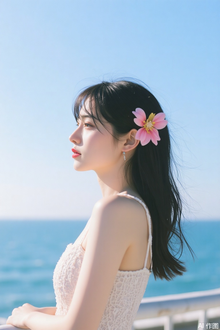 1girl, solo, long hair, looking at viewer, black hair, hair ornament, dress, flower, outdoors, sky, day, hair flower, water, white dress, lips, ocean, scenery, red lips
