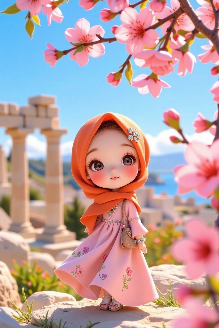 Imagine a delightful chibi girl in a sunny ochre hijab and a flowing bohemian-style dress,  amidst a bokeh-filled scene of...