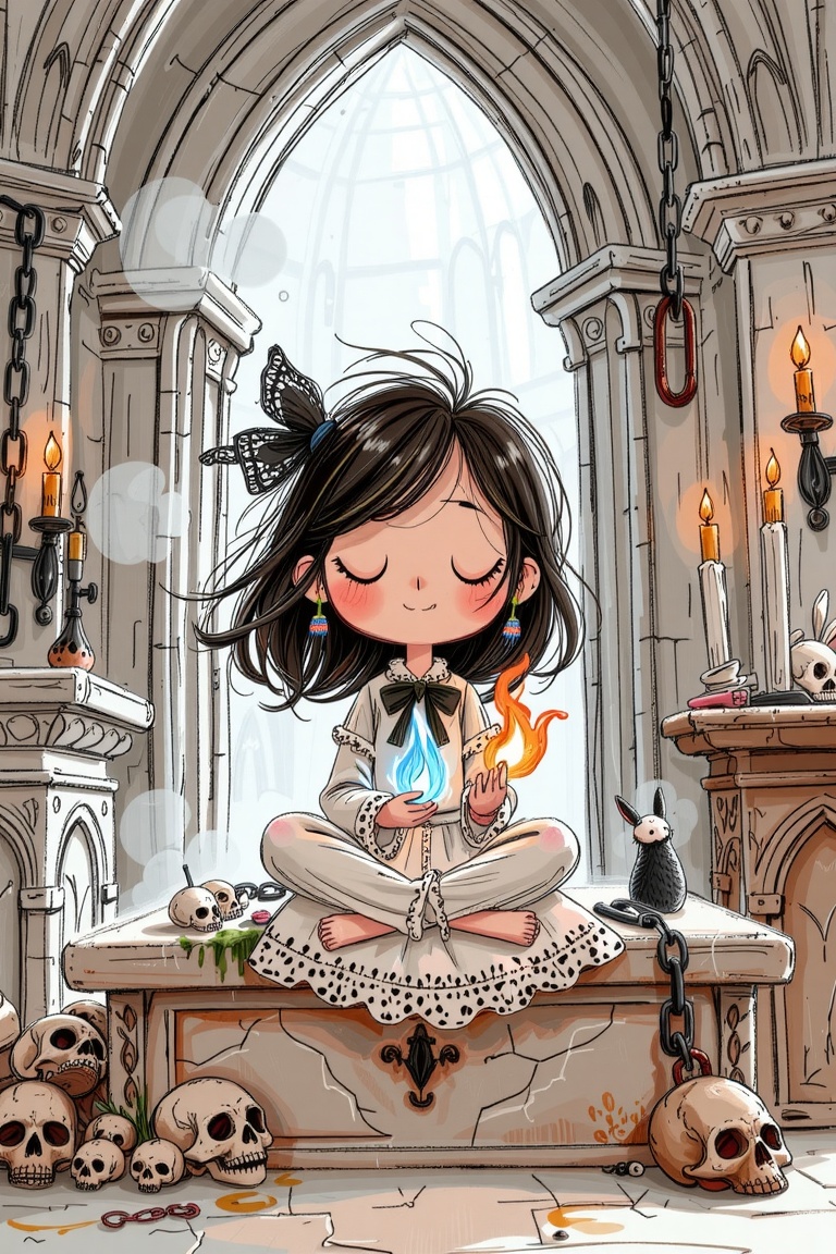 A semirealistic version of ceriamelia style,  a striking juxtaposition between a whimsical,  hand-drawn young necromancer...