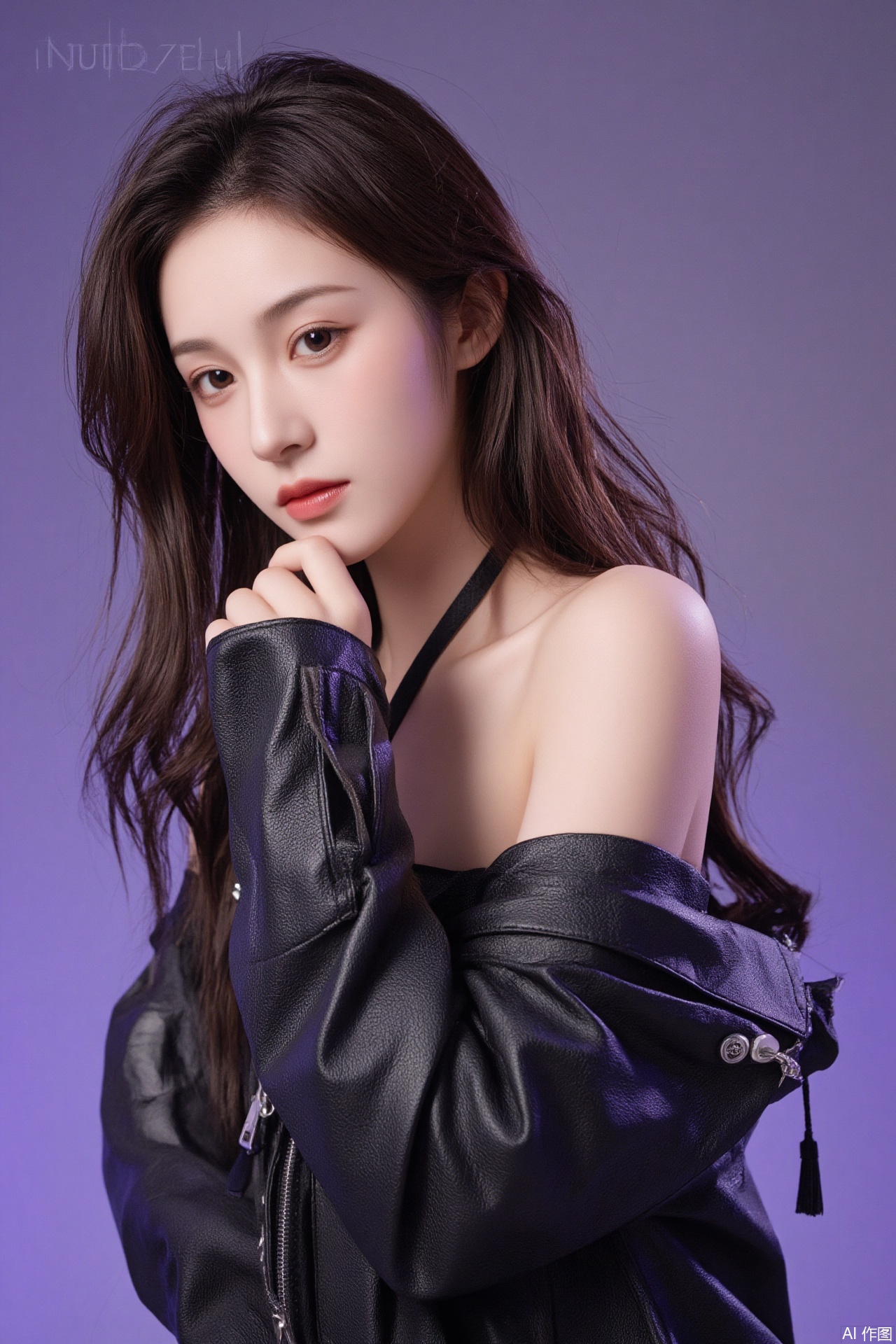Photograph of a beauty, young, light-skinned woman with long, tousled dark hair. she wears a black leather jacket with her hands zipped open. The lighting highlights her collarbone and seductive eyes.The background is a gradient of purple with the text "HUBG NudeFlux" in white. 