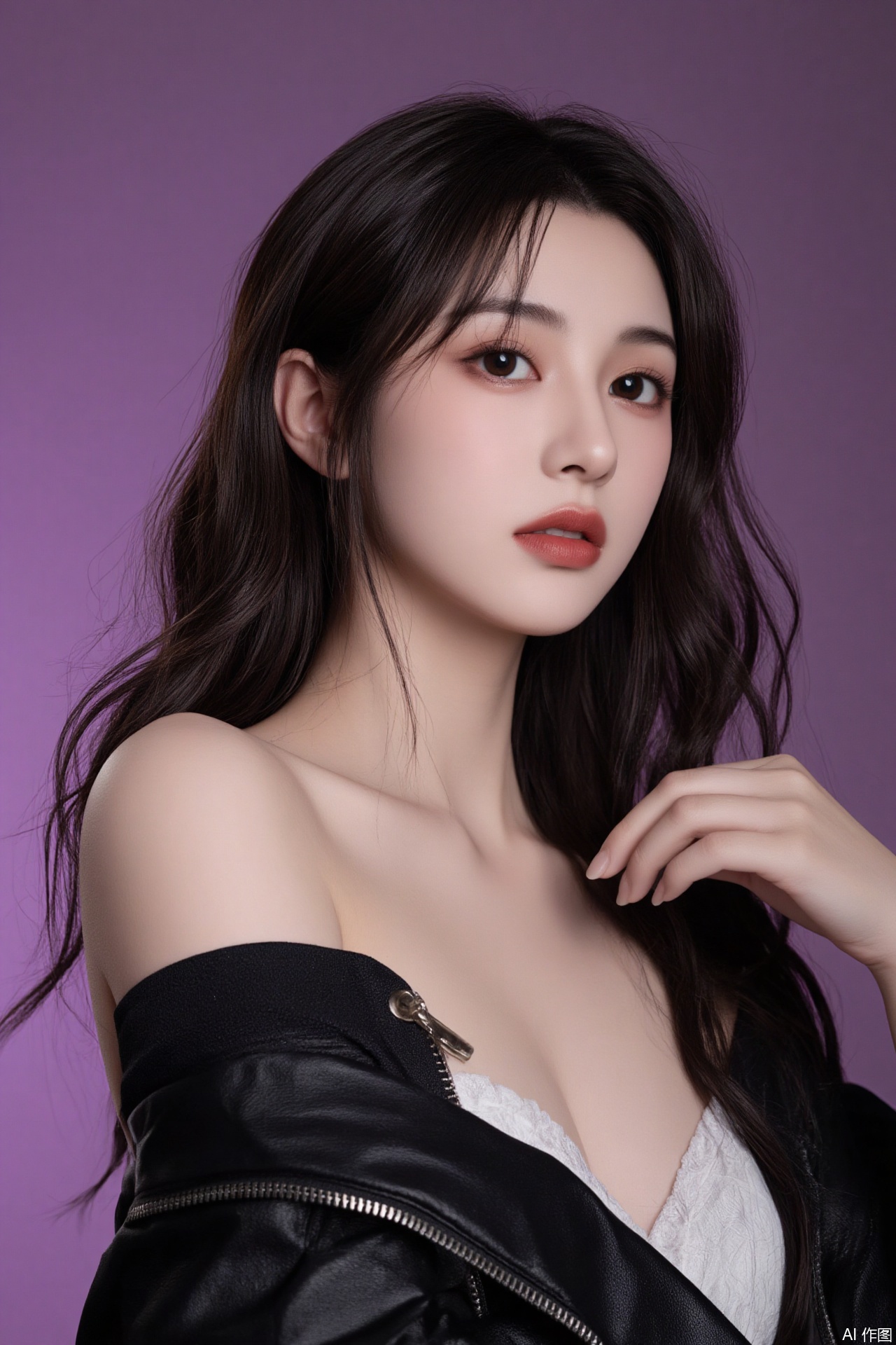 Photograph of a beauty, young, light-skinned woman with long, tousled dark hair. she wears a black leather jacket with her hands zipped open. The lighting highlights her collarbone and seductive eyes.The background is a gradient of purple with the text "HUBG NudeFlux" in white. 