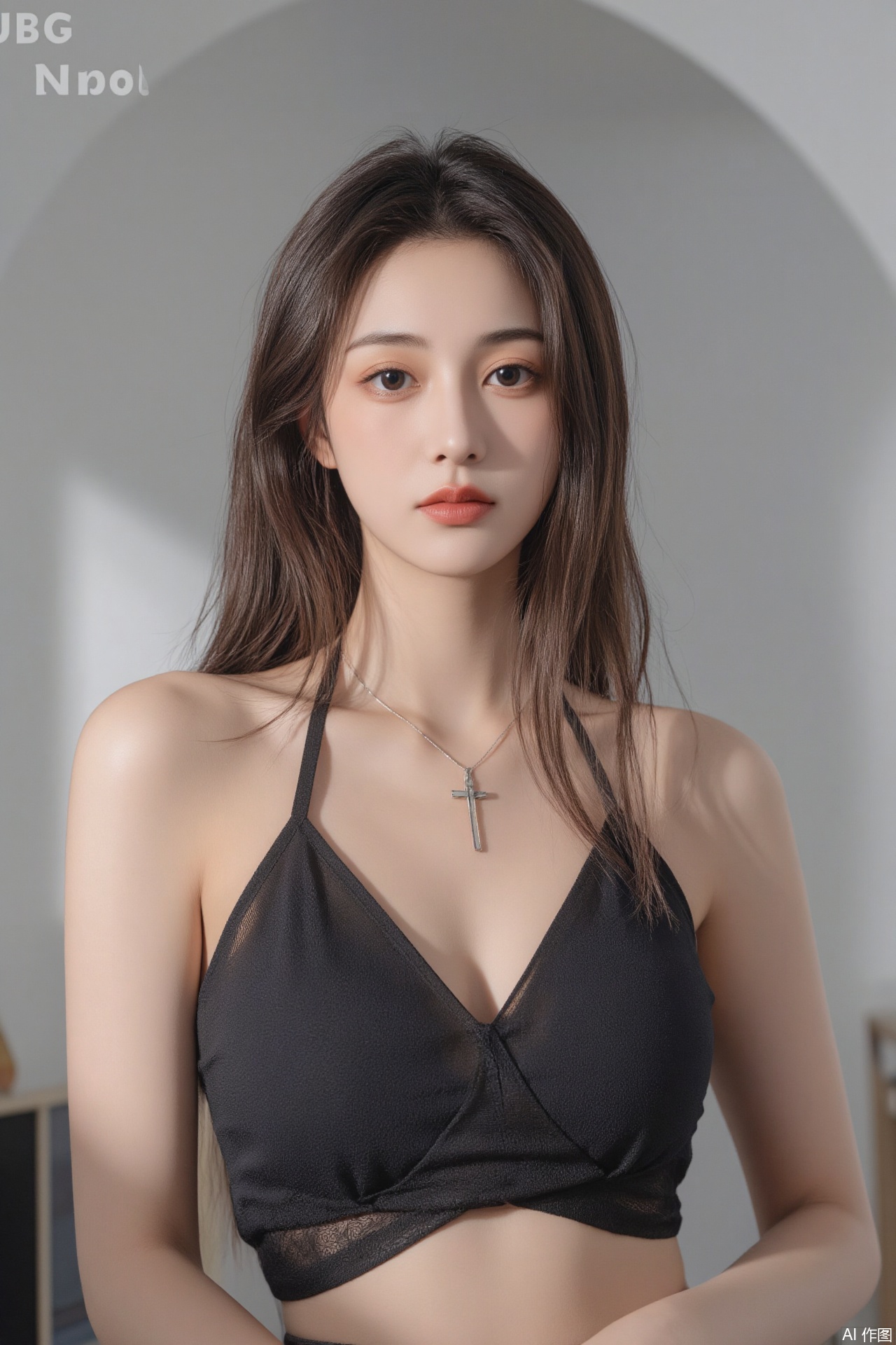 Photograph of an beautiful woman with long, straight, dark brown hair, wearing a sheer black crop top with a cross necklace. She has a dark complexion, full lips, and a neutral expression. The background is a plain white wall with an arch, with large white  text "HUBG NudeFlux" and numbers "3.0" in the background. The image has a soft, dreamy quality with natural lighting.