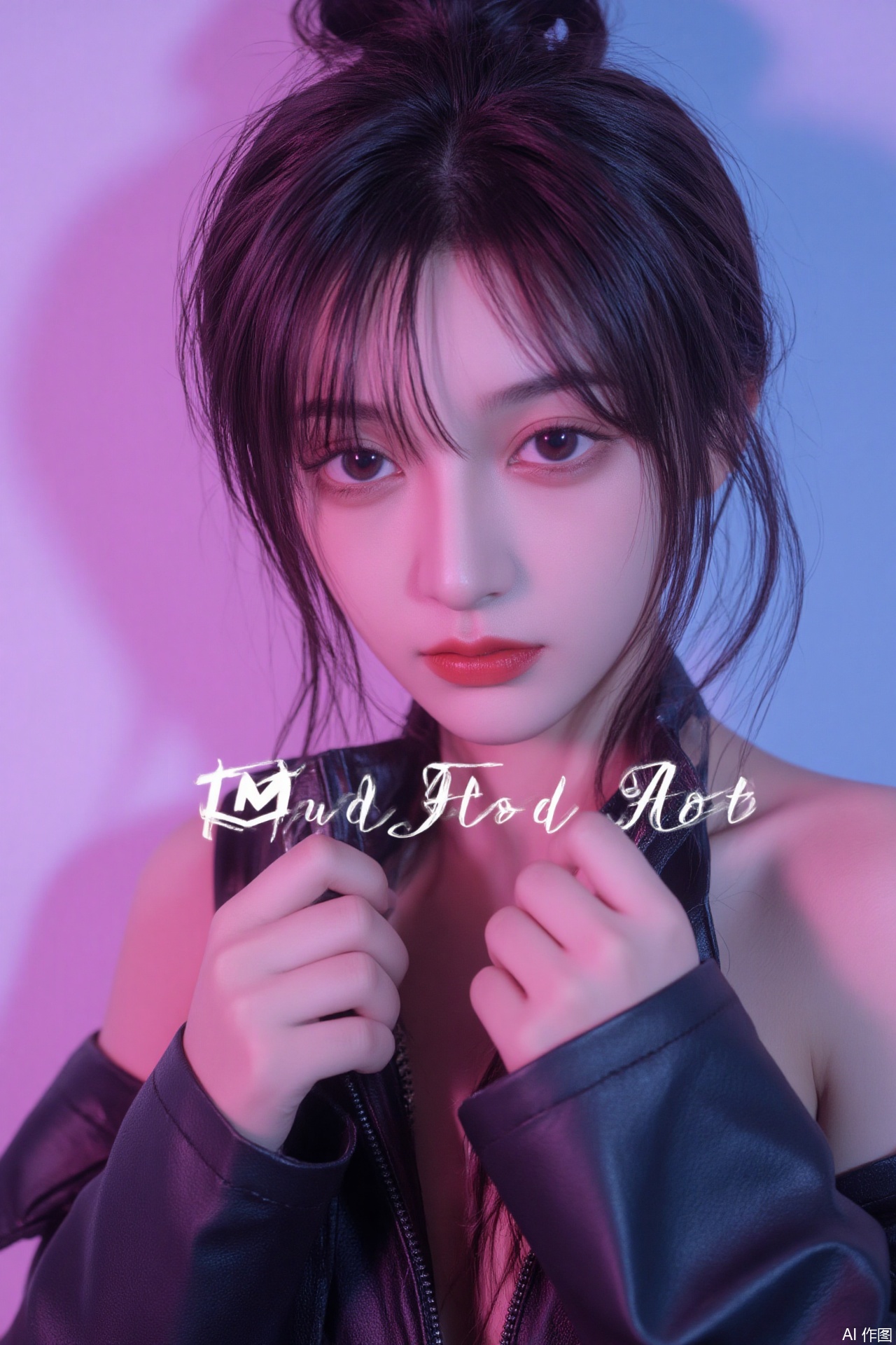 Photograph of a beauty, young, light-skinned woman with long, tousled dark hair. she wears a black leather jacket with her hands zipped open. The lighting highlights her collarbone and seductive eyes.The background is a gradient of purple with the text "HUBG NudeFlux" in white. 