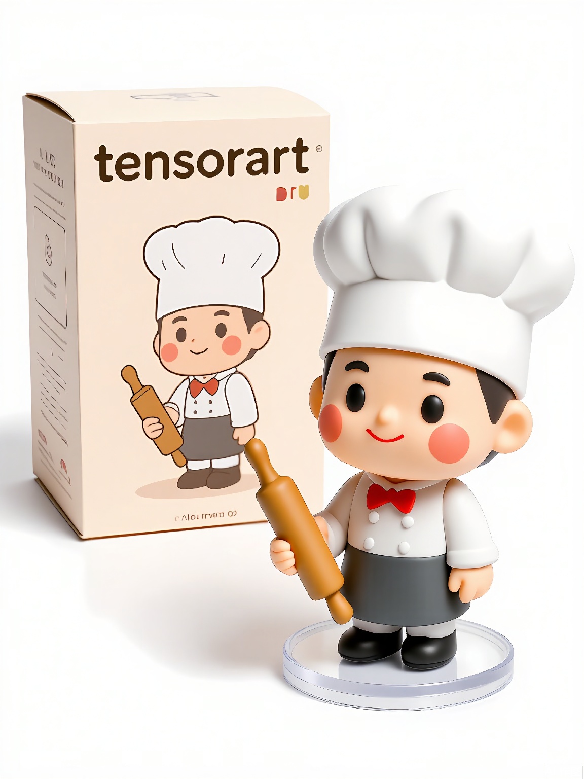 SBMH,
A photograph of a figurine of a chef in a tall hat and apron, holding a rolling pin, beside a box labeled "tensorart" showcasing the chef's culinary design. The figurine has round, cheerful features and a warm smile. The background is plain white, emphasizing the figurine and box. The figurine is on a transparent base.
