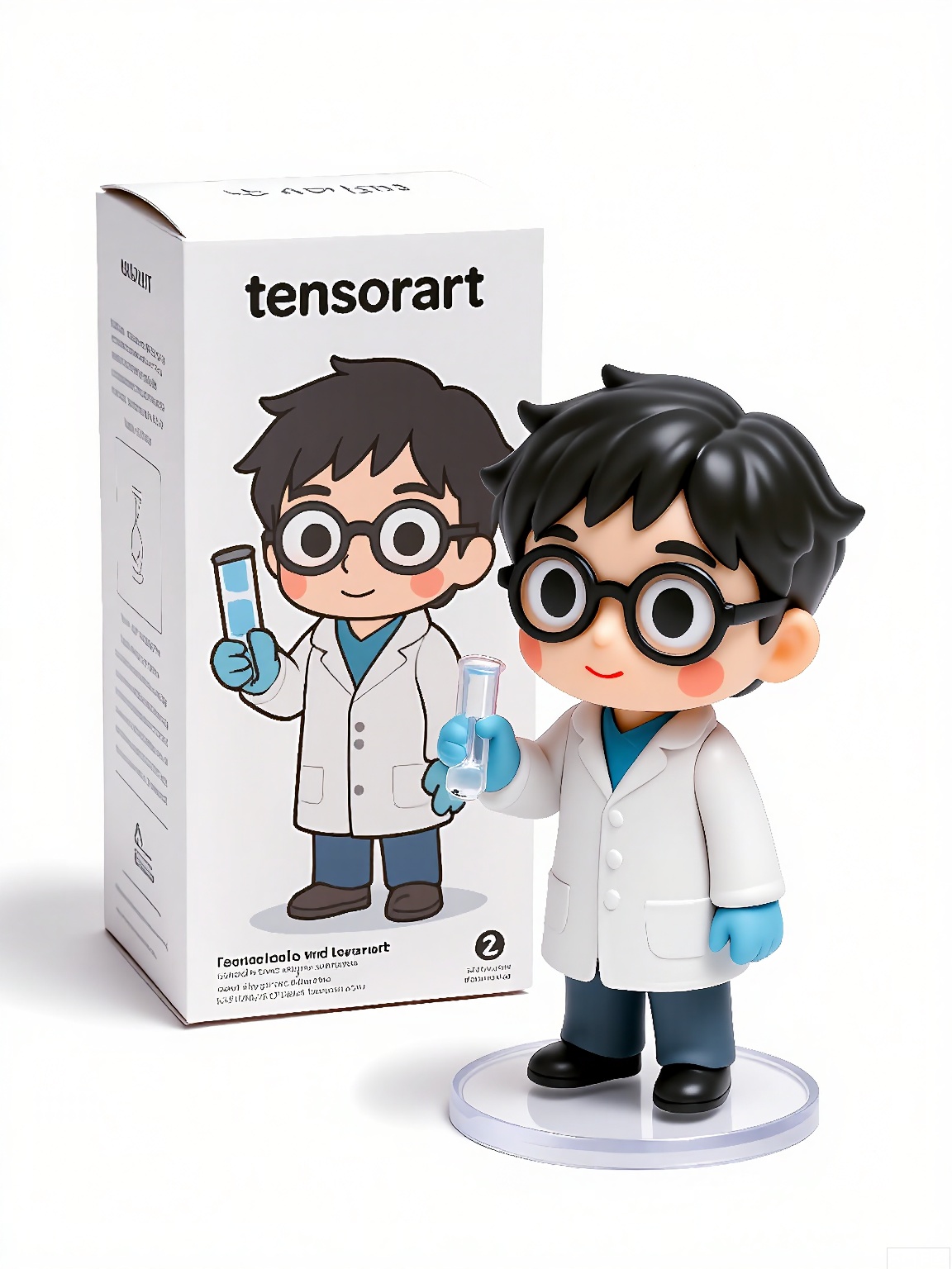SBMH,
A photograph of a figurine of a scientist in a lab coat and glasses, holding a test tube, standing next to a box labeled "tensorart" adorned with the scientist's experimental design. The figurine has intelligent, cartoonish features and a curious look. The background is plain white, emphasizing the figurine and box. The figurine is on a transparent base.
