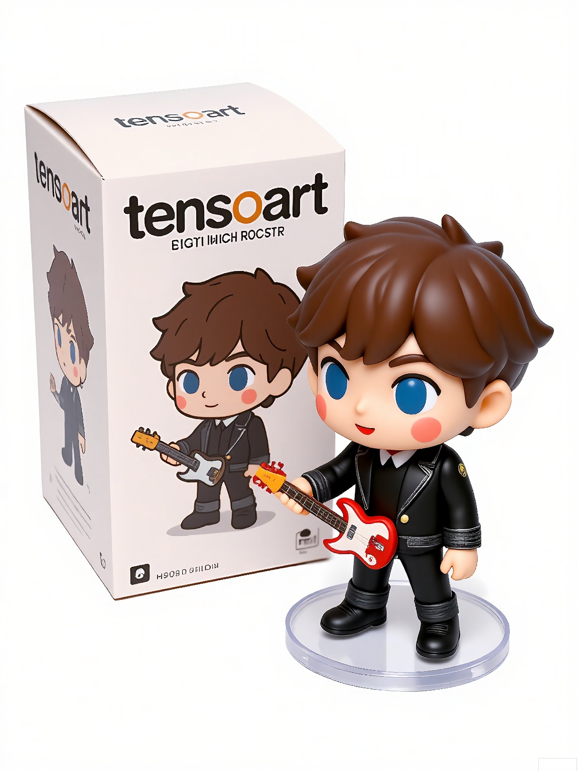 SBMH,
A photograph of a figurine of a musician in a stylish outfit, holding a guitar, positioned beside a box labeled "tensorart" featuring the musician's rockstar design. The figurine has cool, animated features and a passionate expression. The background is plain white, emphasizing the figurine and box. The figurine is on a transparent base.
