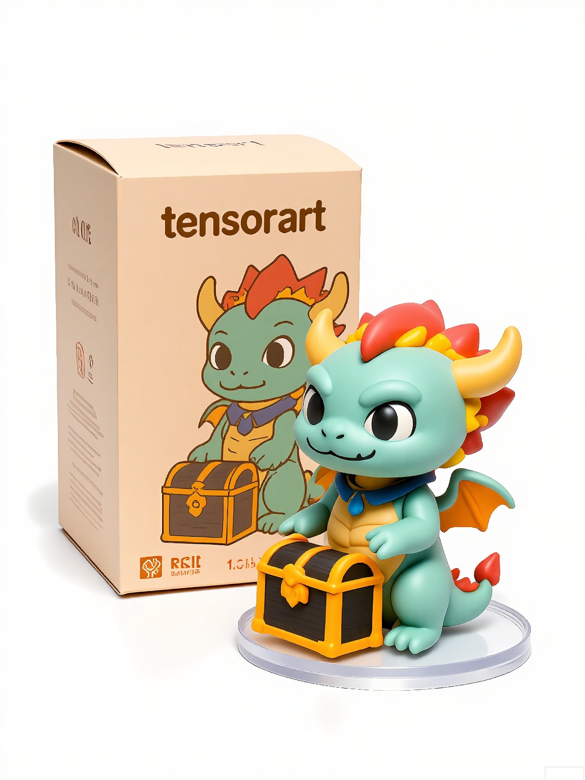 SBMH,
A photograph of a figurine of a dragon in vibrant scales, clutching a treasure chest, standing next to a box labeled "tensorart" showcasing the dragon's design. The figurine boasts intricate, whimsical details and a mischievous grin. The background is plain white, emphasizing the figurine and box. The figurine is on a transparent base.
