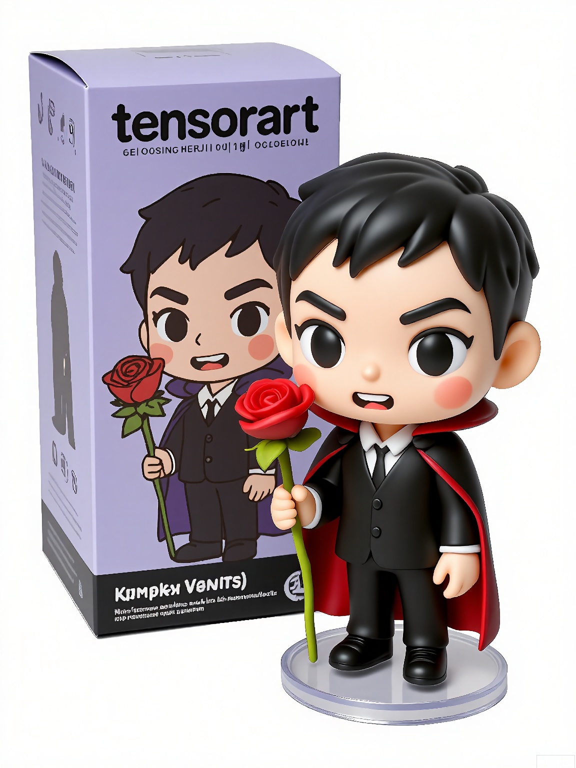 SBMH,
A photograph of a figurine of a vampire in a cape and fangs, holding a rose, standing next to a box labeled "tensorart" adorned with the vampire's gothic design. The figurine has pale, dramatic features and a brooding look. The background is plain white, emphasizing the figurine and box. The figurine is on a transparent base.
