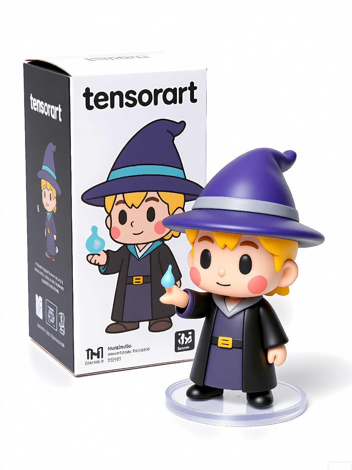 SBMH,
A photograph of a figurine of a wizard in a pointed hat and robes, casting a spell, positioned beside a box labeled "tensorart" featuring the wizard's mystical design. The figurine has wise, cartoonish features and a focused gaze. The background is plain white, emphasizing the figurine and box. The figurine is on a transparent base.
