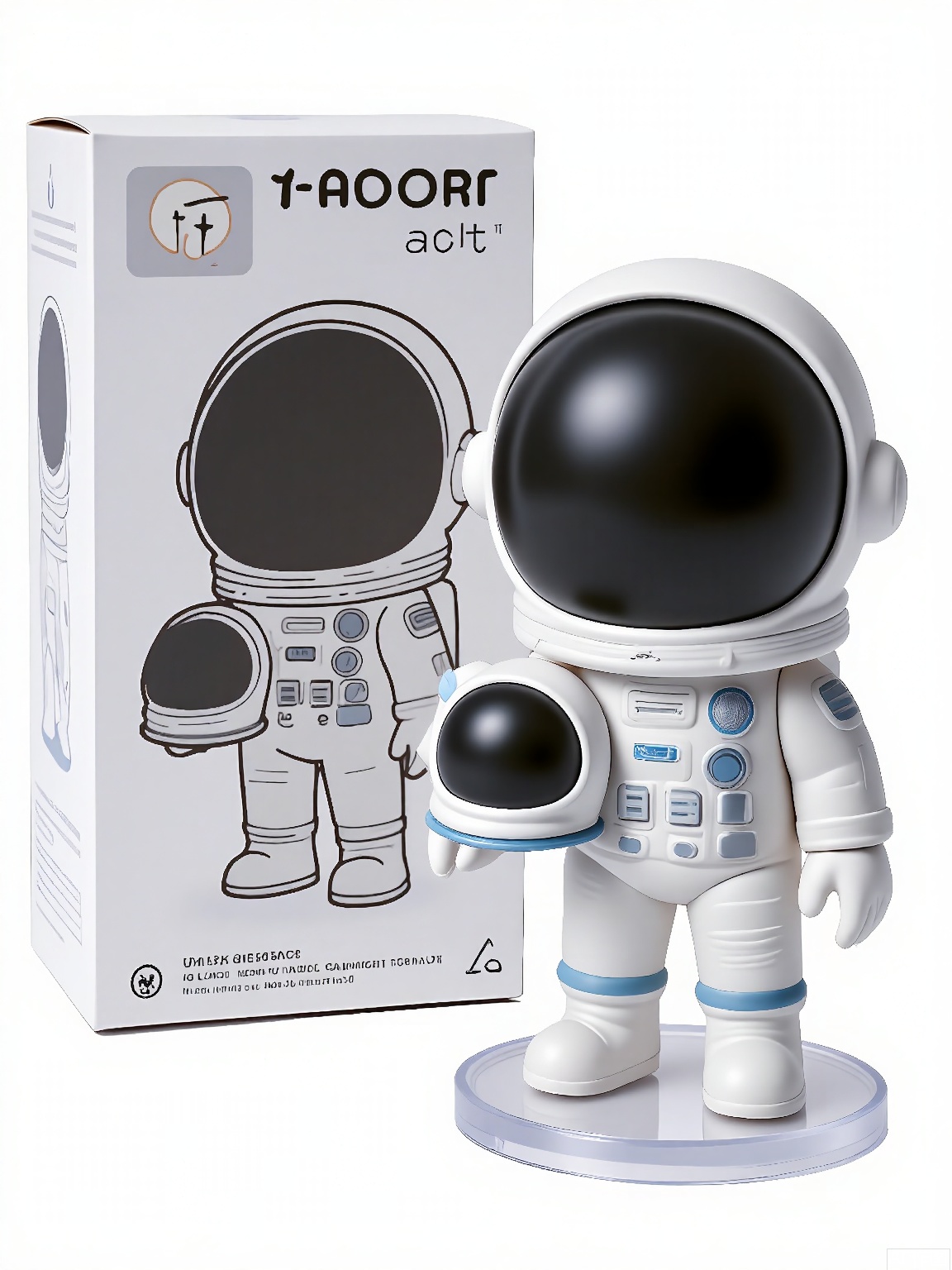 SBMH,
A photograph of a figurine of a astronaut in a spacesuit, holding a helmet, next to a box labeled "tensorart" displaying the astronaut's cosmic design. The figurine has sleek, futuristic features and a determined look. The background is plain white, emphasizing the figurine and box. The figurine is on a transparent base.
