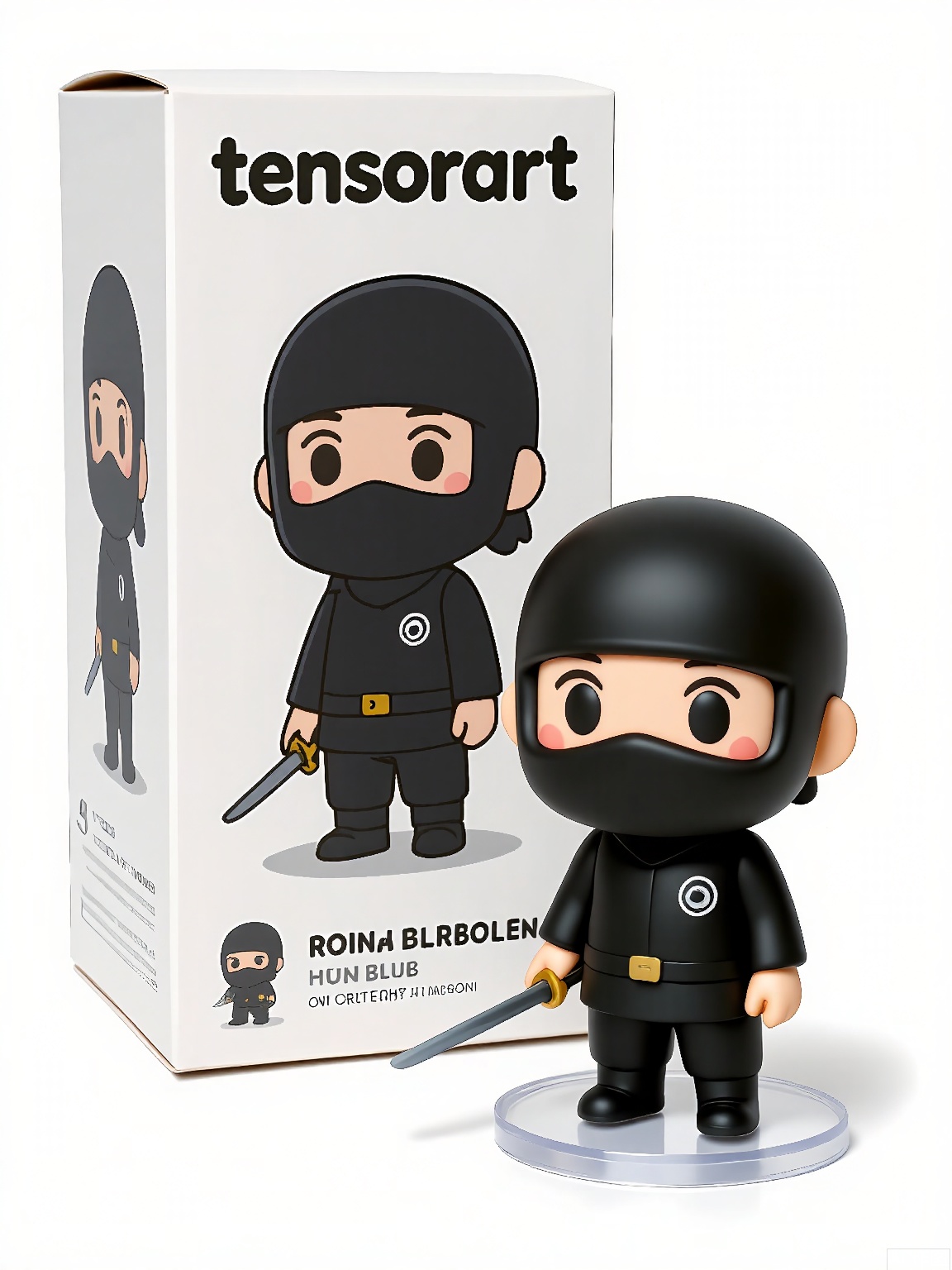 SBMH,
A photograph of a figurine of a ninja in a black outfit and mask, holding a sword, positioned beside a box labeled "tensorart" featuring the ninja's stealthy design. The figurine has agile, cartoonish features and a focused stance. The background is plain white, emphasizing the figurine and box. The figurine is on a transparent base.
