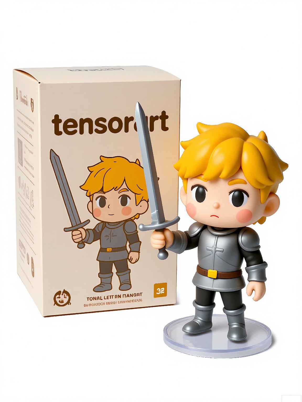 SBMH,
A photograph of a figurine of a knight in shining armor, wielding a majestic sword, positioned beside a box labeled "tensorart" adorned with the knight's design. The figurine features bold, cartoonish features and a determined expression. The background is plain white, emphasizing the figurine and box. The figurine is on a transparent base.
