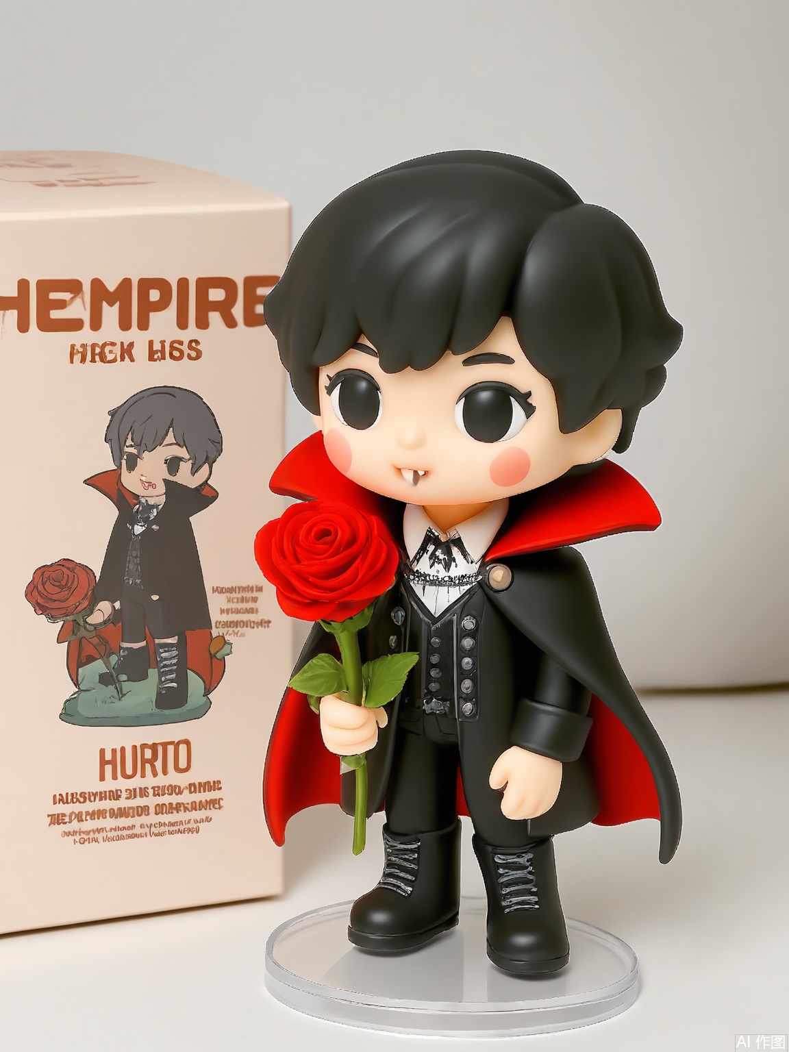 SBMH, A photograph of a figurine of a vampire in a cape and fangs, holding a rose, standing next to a box labeled "tensorart" adorned with the vampire's gothic design. The figurine has pale, dramatic features and a brooding look. The background is plain white, emphasizing the figurine and box. The figurine is on a transparent base.

