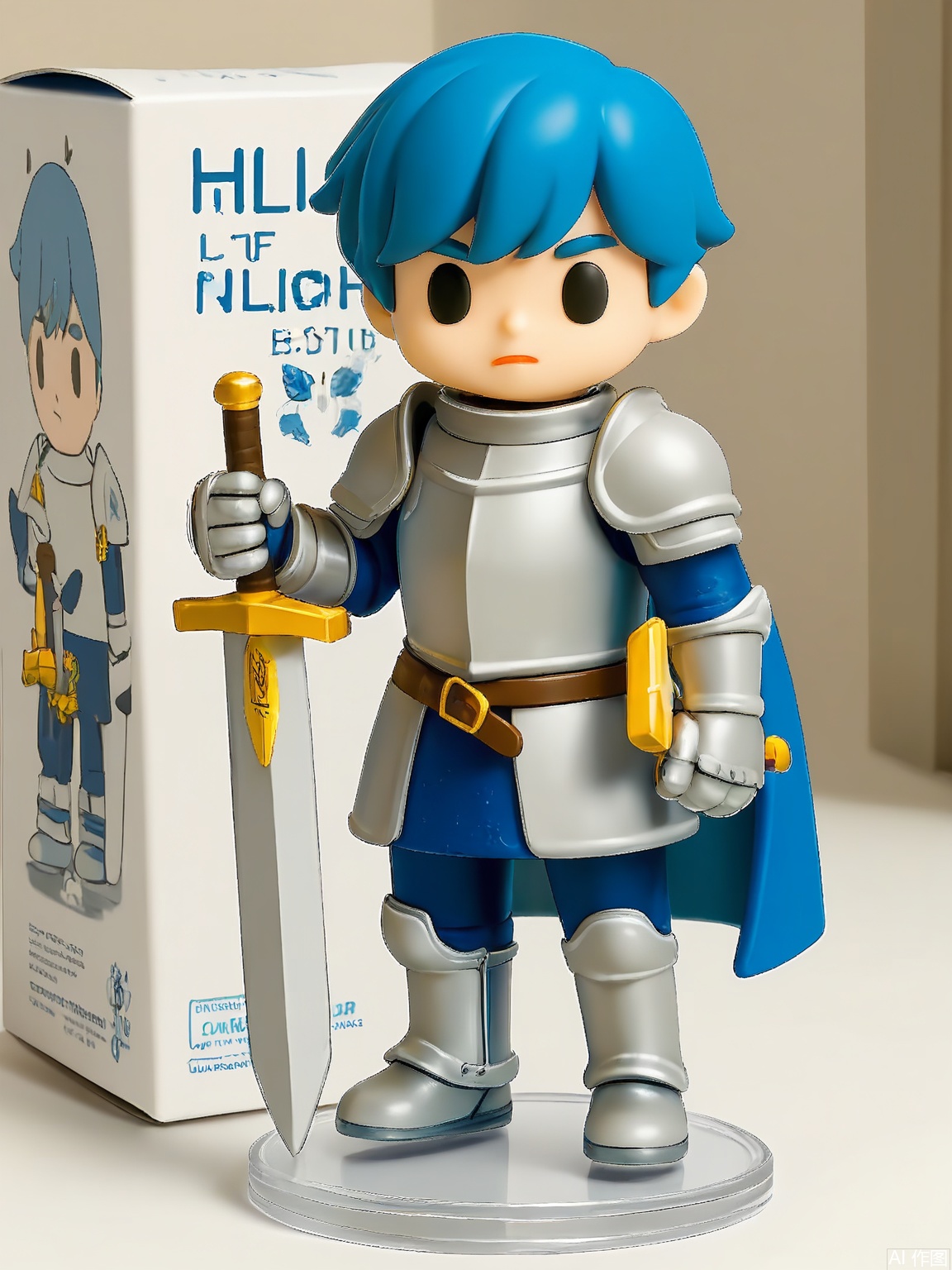SBMH, A photograph of a figurine of a knight in shining armor, wielding a majestic sword, positioned beside a box labeled "tensorart" adorned with the knight's design. The figurine features bold, cartoonish features and a determined expression. The background is plain white, emphasizing the figurine and box. The figurine is on a transparent base.
