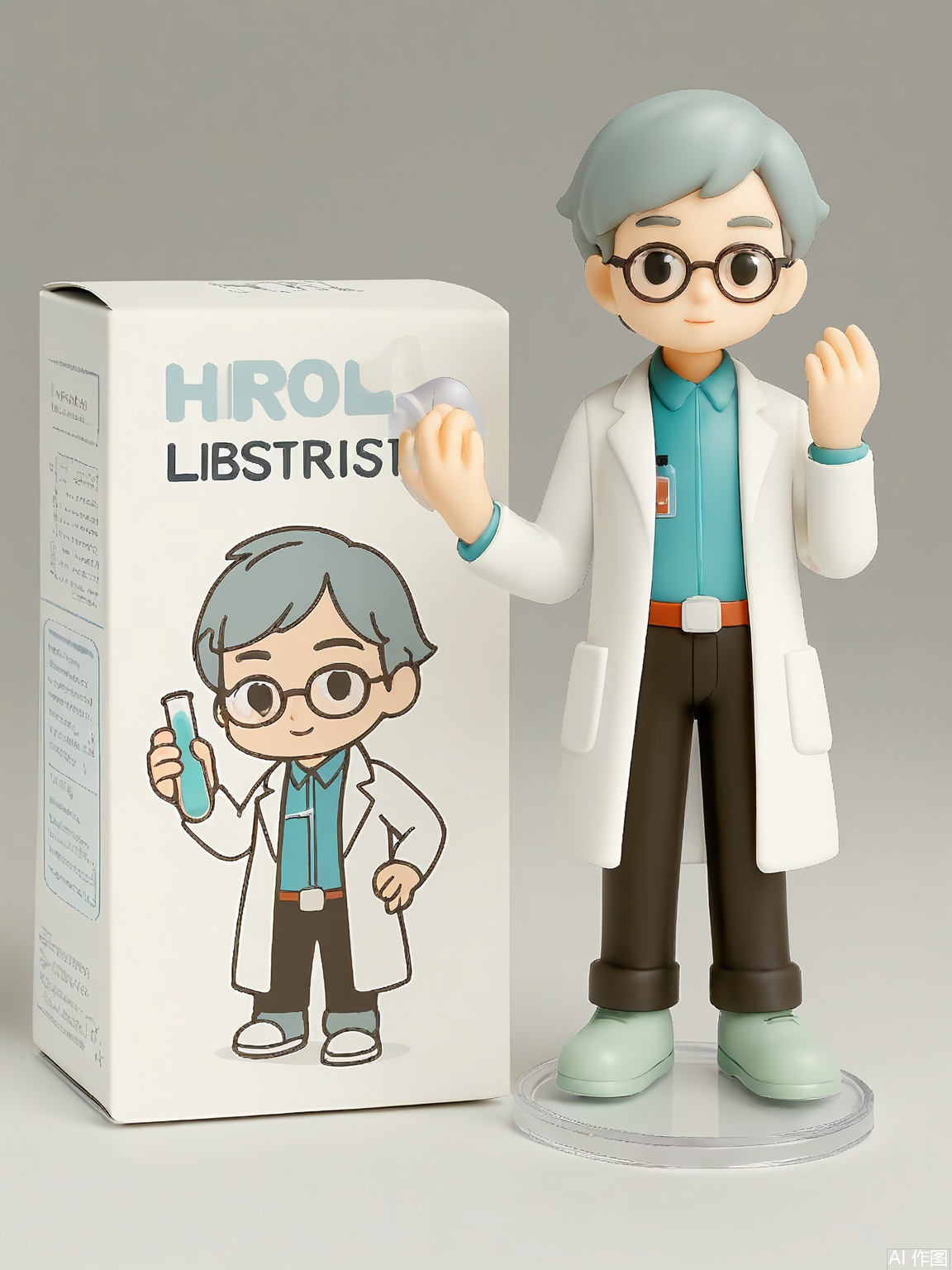 SBMH, A photograph of a figurine of a scientist in a lab coat and glasses, holding a test tube, standing next to a box labeled "tensorart" adorned with the scientist's experimental design. The figurine has intelligent, cartoonish features and a curious look. The background is plain white, emphasizing the figurine and box. The figurine is on a transparent base.
