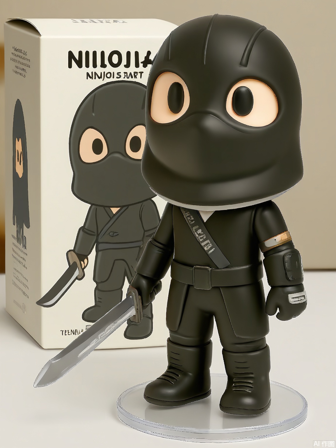 SBMH, A photograph of a figurine of a ninja in a black outfit and mask, holding a sword, positioned beside a box labeled "tensorart" featuring the ninja's stealthy design. The figurine has agile, cartoonish features and a focused stance. The background is plain white, emphasizing the figurine and box. The figurine is on a transparent base.
