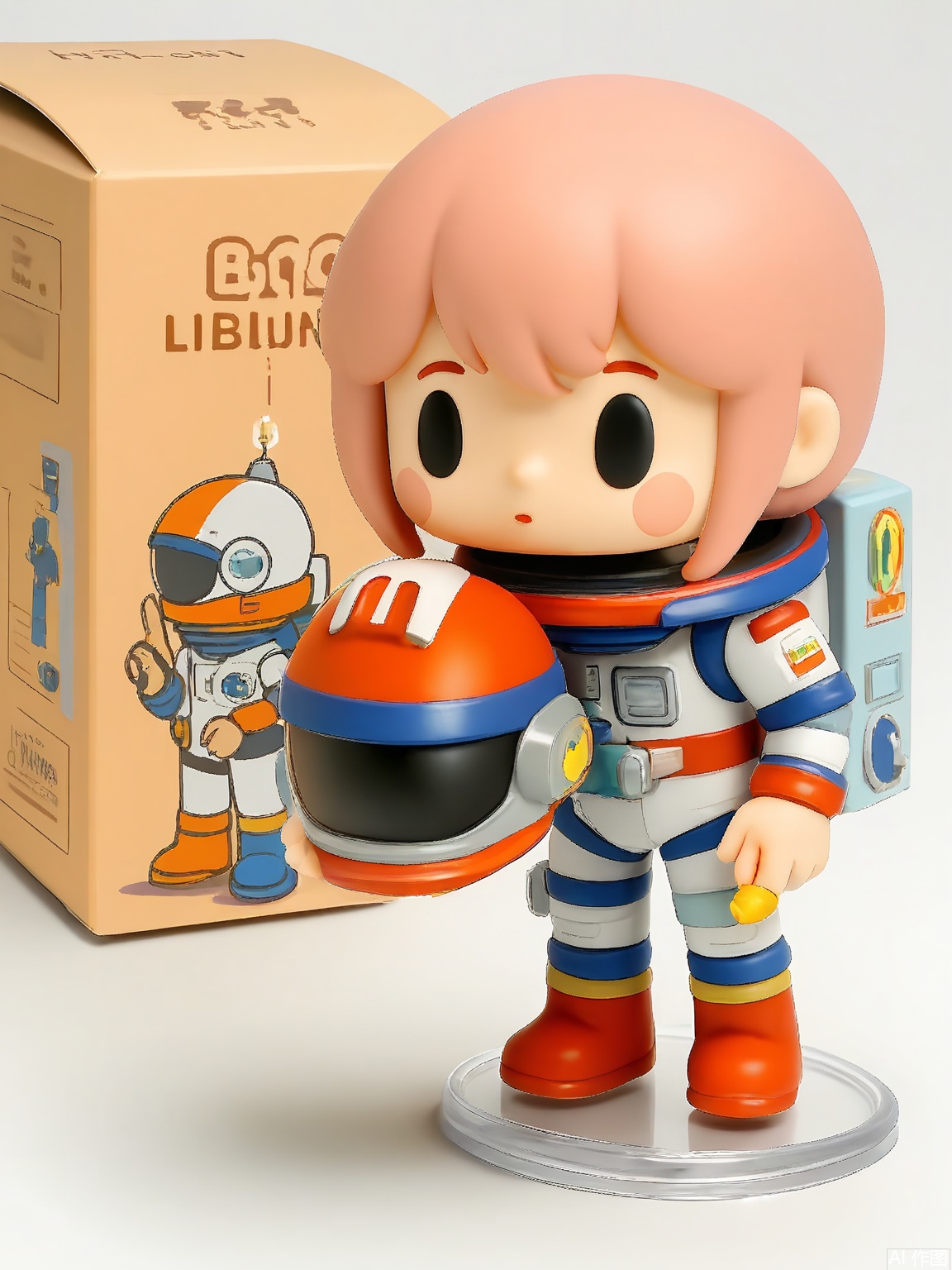 SBMH, A photograph of a figurine of a astronaut in a spacesuit, holding a helmet, next to a box labeled "tensorart" displaying the astronaut's cosmic design. The figurine has sleek, futuristic features and a determined look. The background is plain white, emphasizing the figurine and box. The figurine is on a transparent base.

