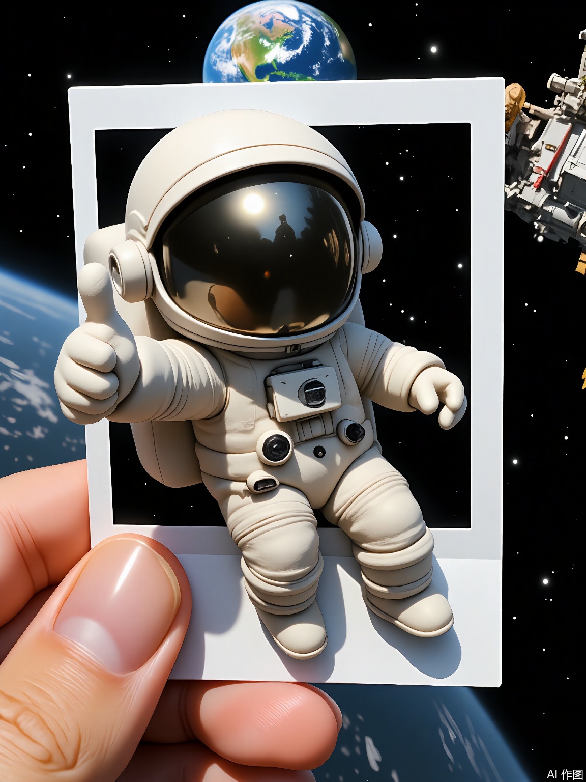 PLD: A digital illustration of a astronaut in a sleek spacesuit, holding a polaroid of Earth from orbit. They give a thumbs-up, helmet reflecting stars. Background: Zero-gravity space station with Earth in the distance. The polaroid frame is held by a hand in the foreground.
