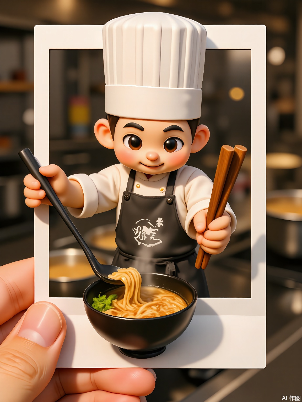 PLD: A digital illustration of a chef with a toque hat, holding a polaroid of a steaming bowl of ramen. They wink and hold a ladle, apron splattered with soy sauce. Background: Busy kitchen with pots bubbling. The polaroid frame is held by a hand in the foreground.
