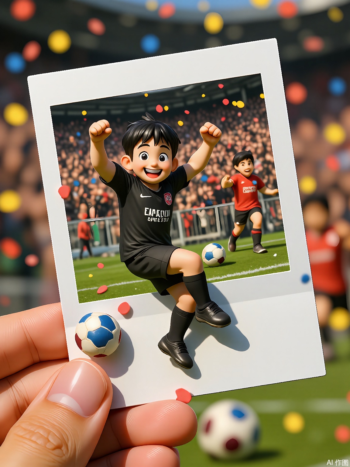 PLD,
A sports-themed illustration of a soccer player with a dynamic pose, wearing a jersey and cleats, holding a polaroid of a stadium crowd. They mid-kick a ball with a triumphant expression, while confetti rains down in the background. The scene is vibrant with team colors and cheering fans. The polaroid frame is held by a hand in the foreground.
