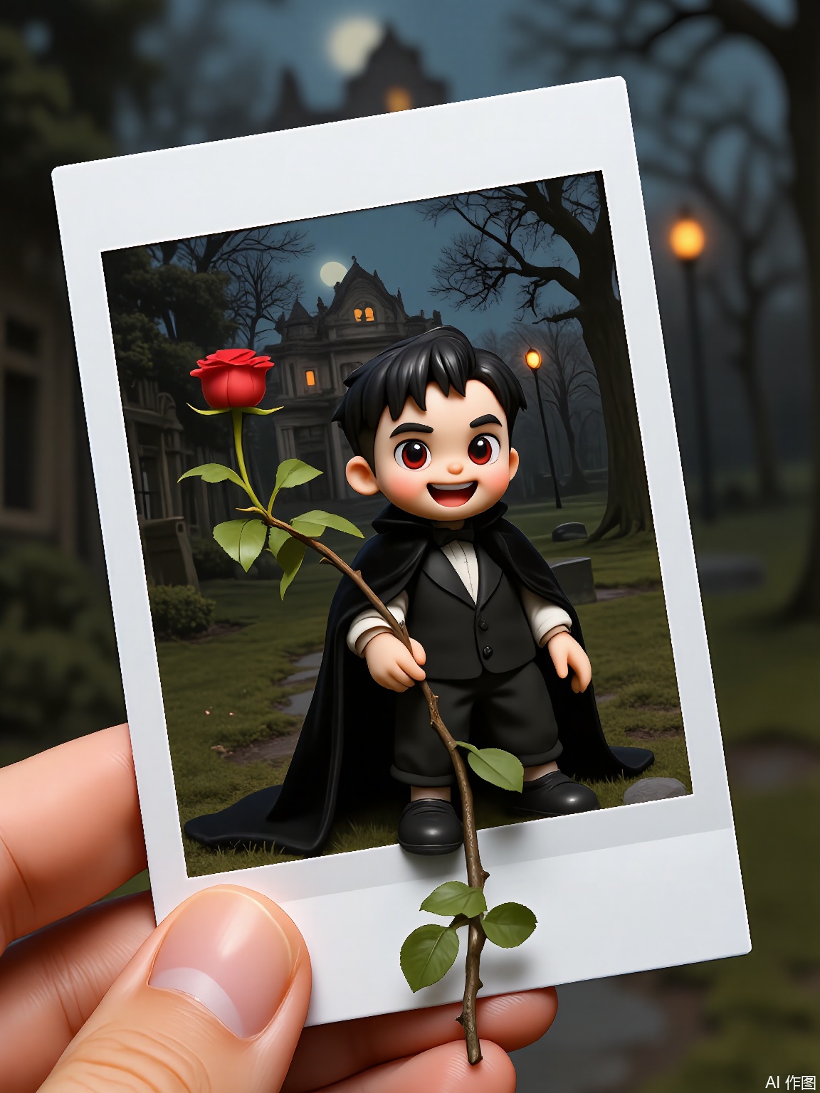 PLD,
A gothic horror-inspired illustration of a vampire boy with pale skin and crimson eyes, wearing a tattered velvet cape, holding a polaroid of a crumbling haunted mansion. His fangs glisten in the moonlight, and he holds a rose in one hand while staring menacingly. The background is a moonlit graveyard with gnarled trees and mist swirling around tombstones. The polaroid frame is held by a hand in the foreground.
