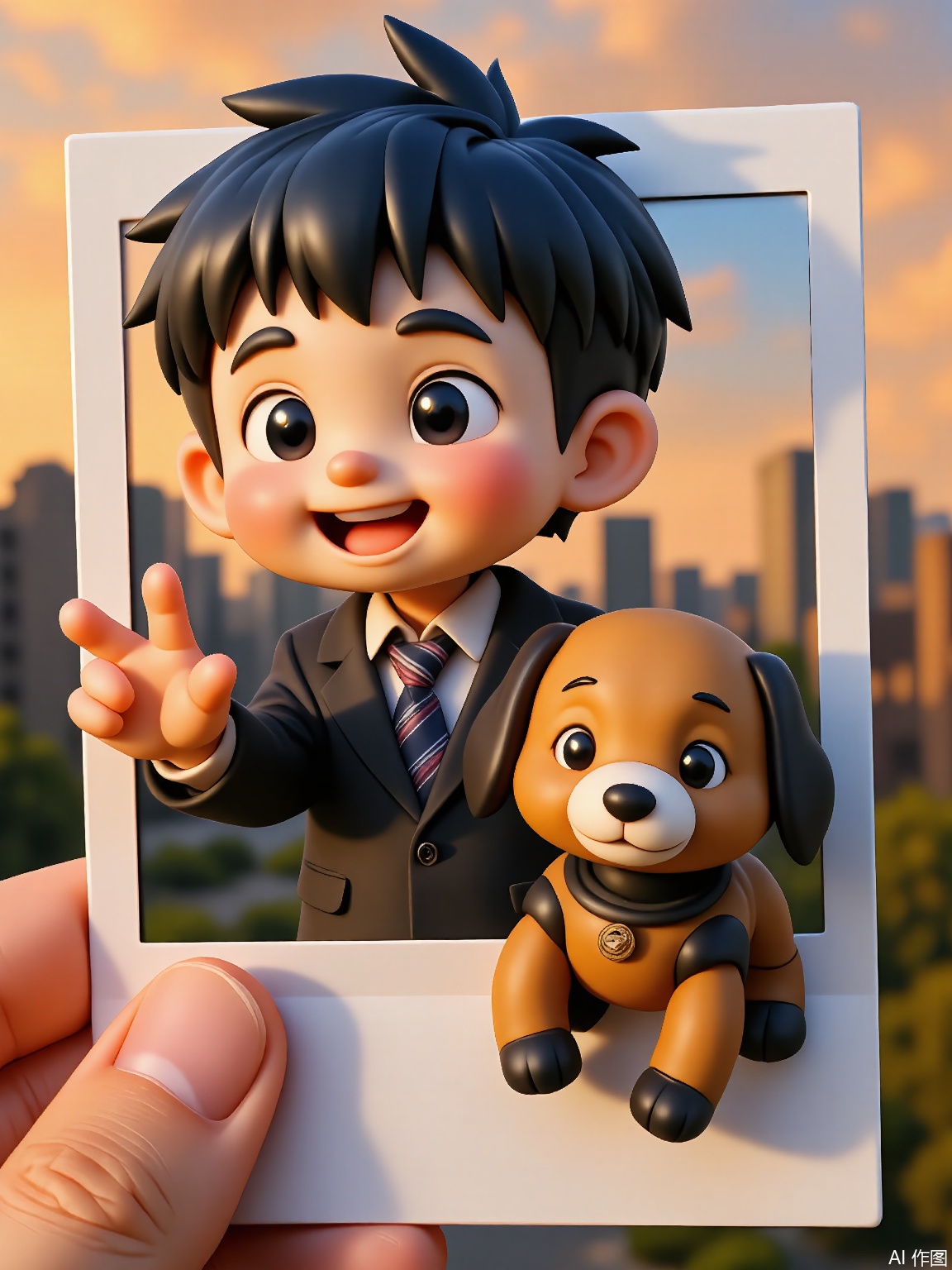 PLD: A digital illustration of a young boy with spiky blue hair, wearing a school uniform with a loosened tie. He holds a polaroid of his pet robot dog, grinning while waving with one hand. Background: Blurred cityscape at sunset with orange skies. The polaroid frame is held by a hand in the foreground.

