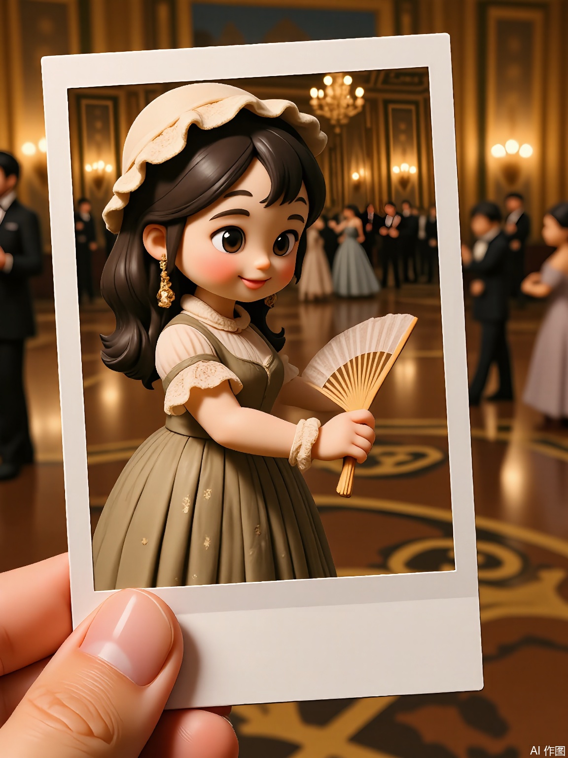 PLD,
A historical fiction illustration of a Victorian girl with a bonnet and a lace dress, holding a polaroid of a grand ballroom. She clutches a fan and blushes shyly, with chandeliers casting a warm glow over marble floors. The background features opulent architecture and couples waltzing in the distance. The polaroid frame is held by a hand in the foreground.
