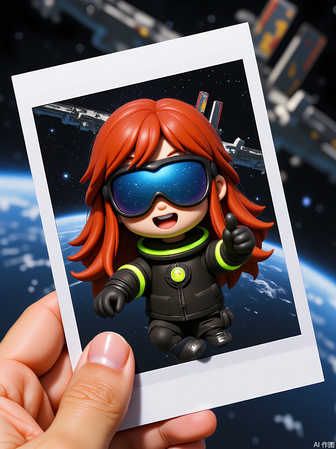 PLD,
A vibrant illustration of a teenage girl with long, curly red hair, donning a futuristic spacesuit adorned with glowing neon accents, holding a polaroid of a distant galaxy. Her visor reflects constellations, and she wears a determined expression while giving a thumbs-up. The backdrop shows a sprawling space station orbiting a shimmering blue planet, with stars twinkling in the cosmic void. The polaroid frame is held by a hand in the foreground.
