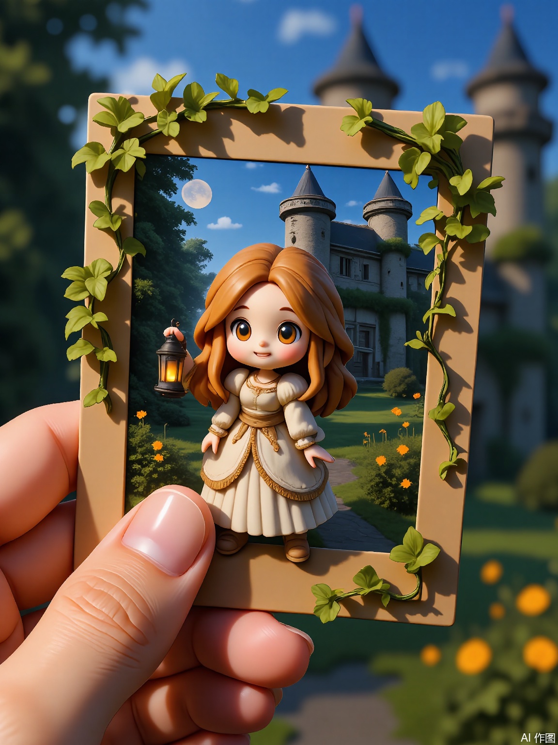 PLD,
A fairytale-inspired painting of a princess with golden curls and a flowing gown, holding a polaroid of a cursed castle. She holds a lantern and looks brave, with thorny vines crawling up the castle walls. The scene is set at twilight, with a full moon casting an eerie glow over the landscape. The polaroid frame is held by a hand in the foreground.
