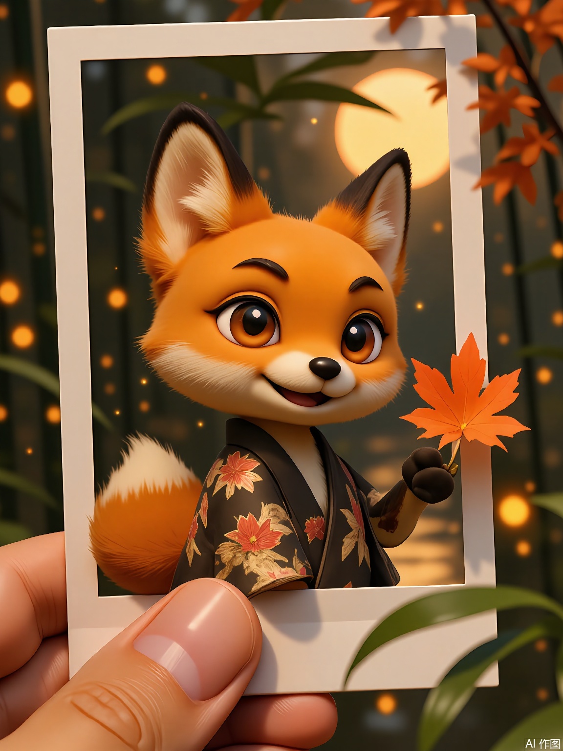 PLD,
A whimsical digital painting of a fox spirit with fluffy orange fur, wearing a kimono embroidered with autumn leaves, cradling a polaroid of a moonlit forest. Its eyes sparkle like amber, and it holds a maple leaf in its mouth. The scene unfolds in a bamboo grove at dusk, with fireflies dancing around a tranquil pond. The polaroid frame is held by a hand in the foreground.
