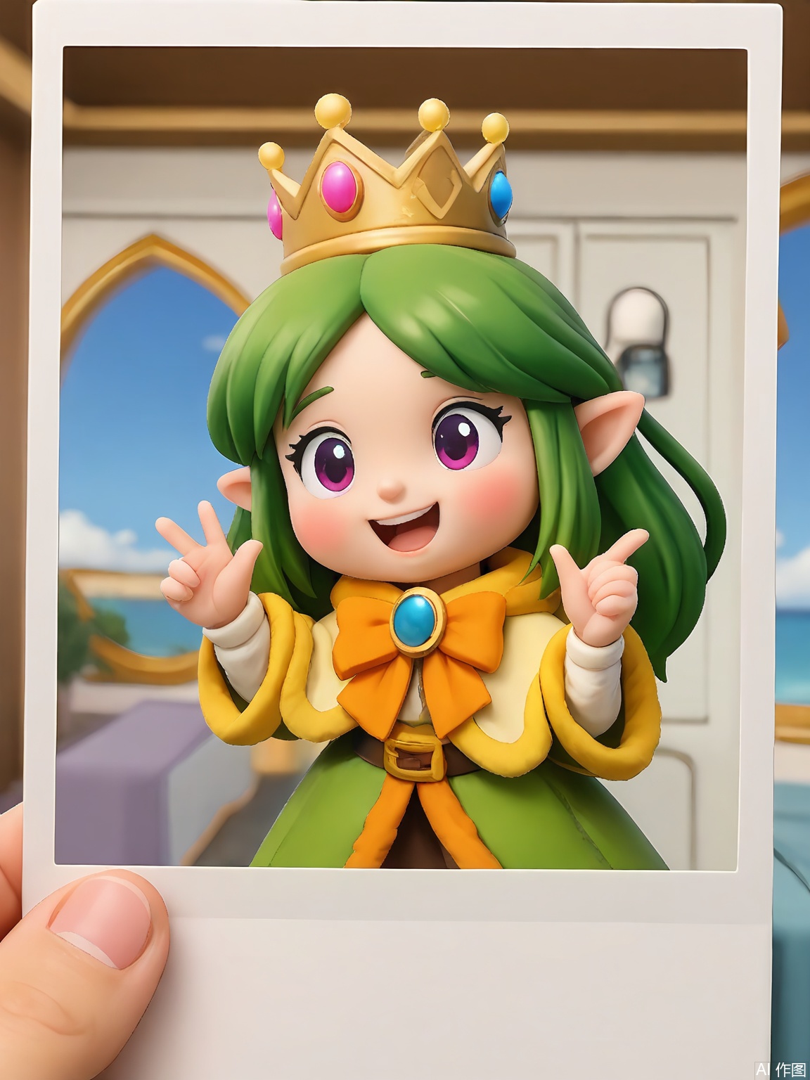 PLD, A fairytale-inspired painting of a princess with golden curls and a flowing gown, holding a polaroid of a cursed castle. She holds a lantern and looks brave, with thorny vines crawling up the castle walls. The scene is set at twilight, with a full moon casting an eerie glow over the landscape. The polaroid frame is held by a hand in the foreground.


