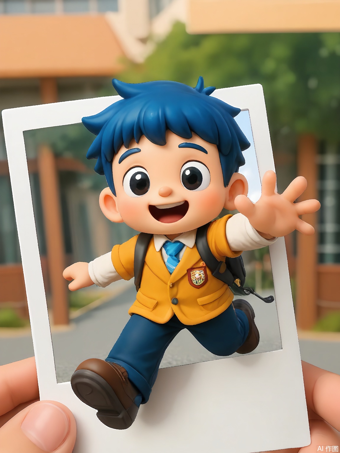 PLD,
A digital illustration of a young boy with spiky blue hair, wearing a school uniform with a loosened tie. He holds a polaroid of his pet robot dog, grinning while waving with one hand. Background: Blurred cityscape at sunset with orange skies. The polaroid frame is held by a hand in the foreground.

